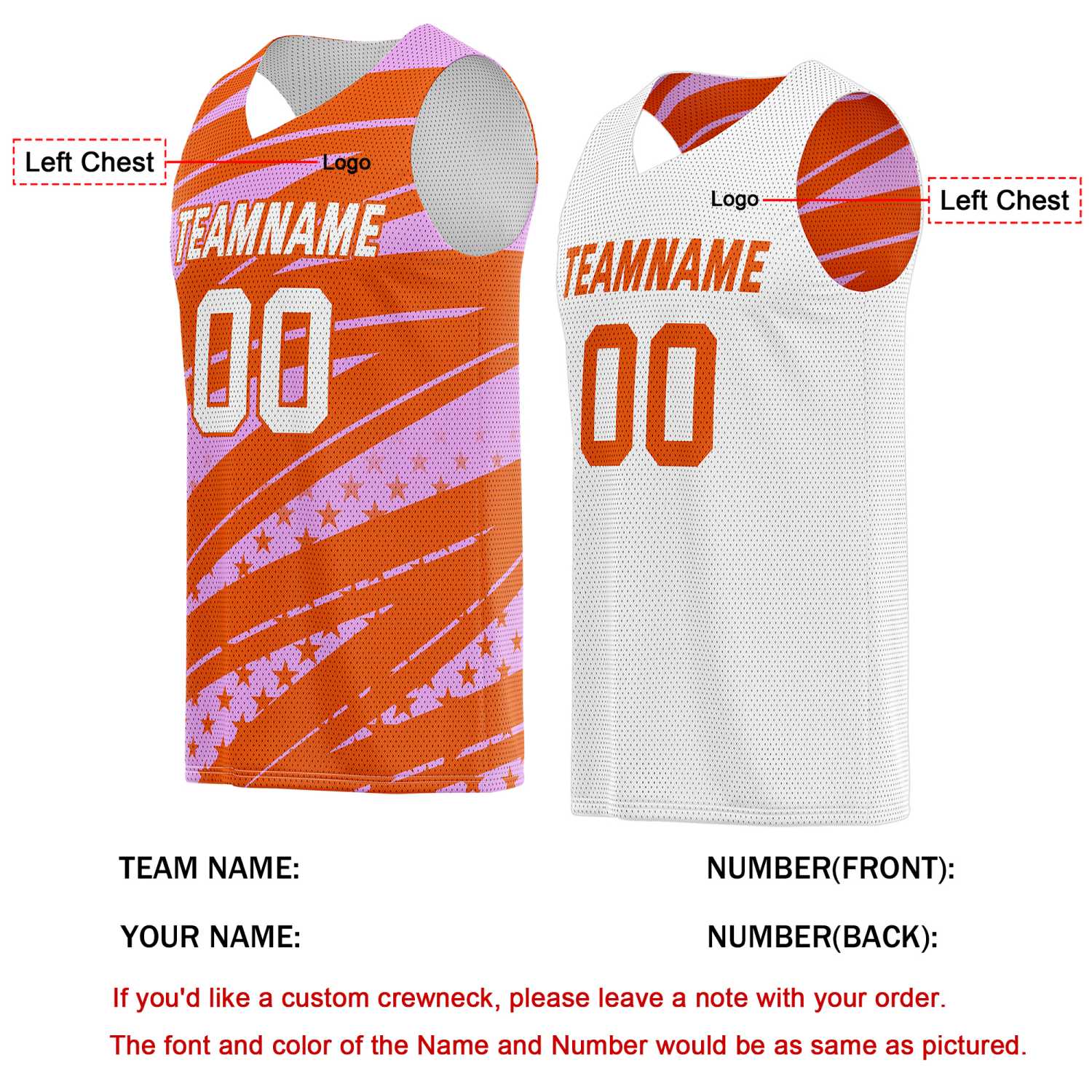 Custom Reversible Basketball Jersey for Individuals & Teams – Orange Pink White Star Stripe | Vosoli