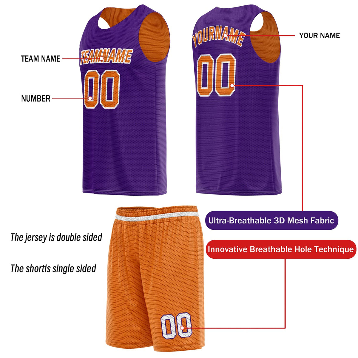 Custom Reversible Basketball Jersey & Shorts Set for Individuals & Teams – Orange Purple | Vosoli