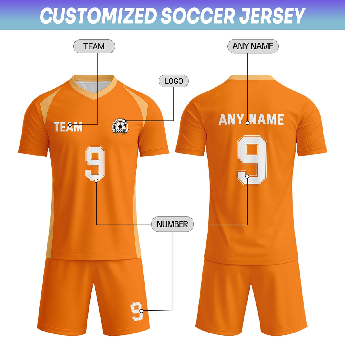 Custom Orange & White Soccer Uniform Set - Personalized Team Name & Number | Vosoli