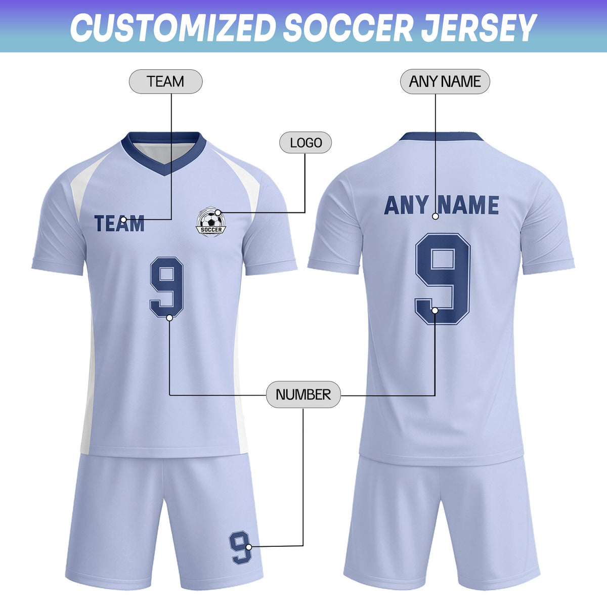 Custom Pale Blue & Navy-White Soccer Uniform Set - Personalized Team Name & Number | Vosoli