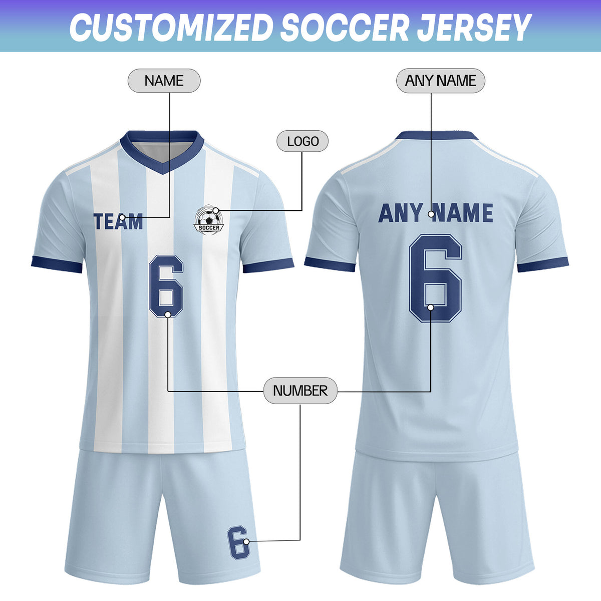 Custom Pale Blue & White-Navy Striped Soccer Uniform Set for Teams & Individuals | Vosoli