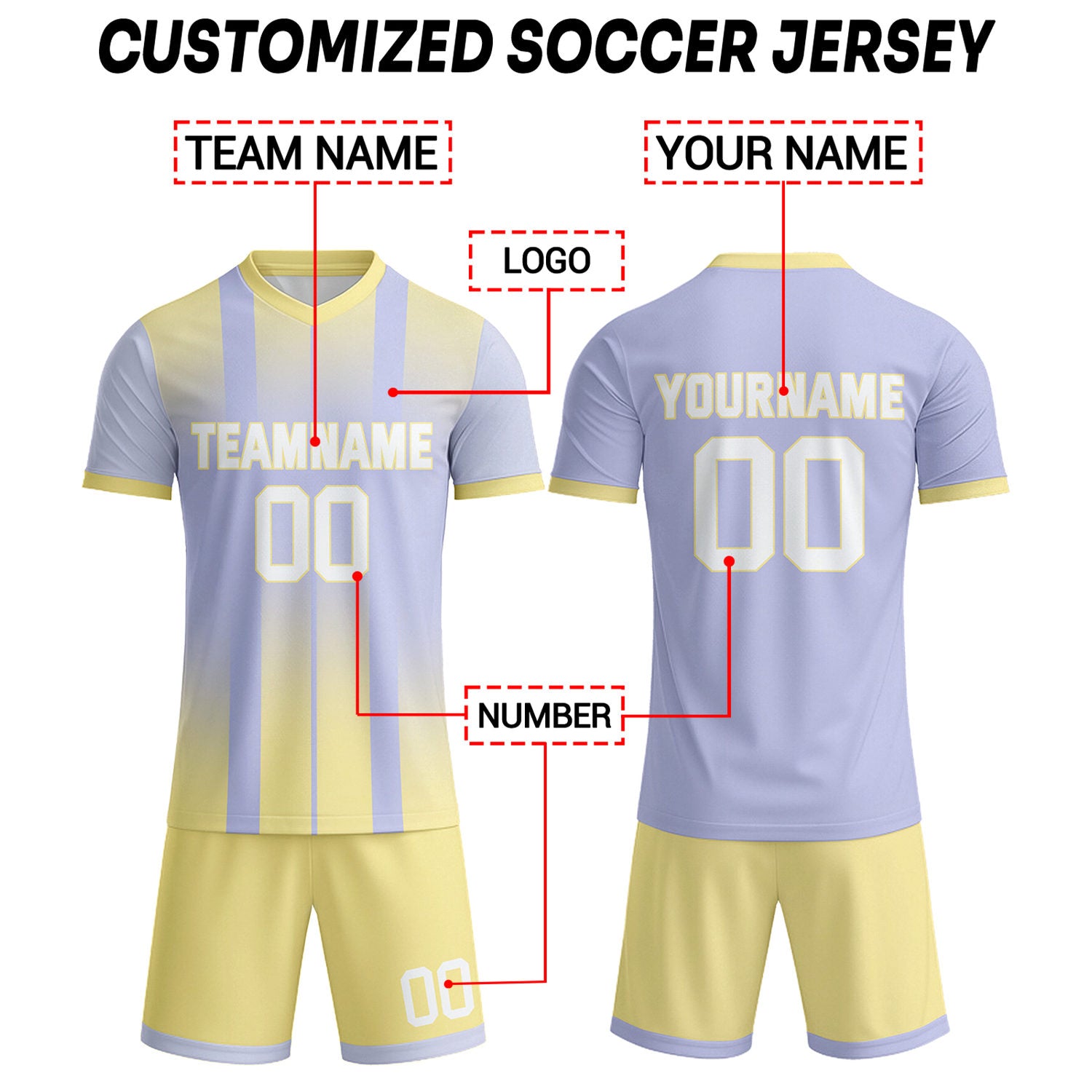 Custom Pale Lavender & Yellow Stripe Gradient Soccer Uniform Set for Teams & Individuals | Vosoli