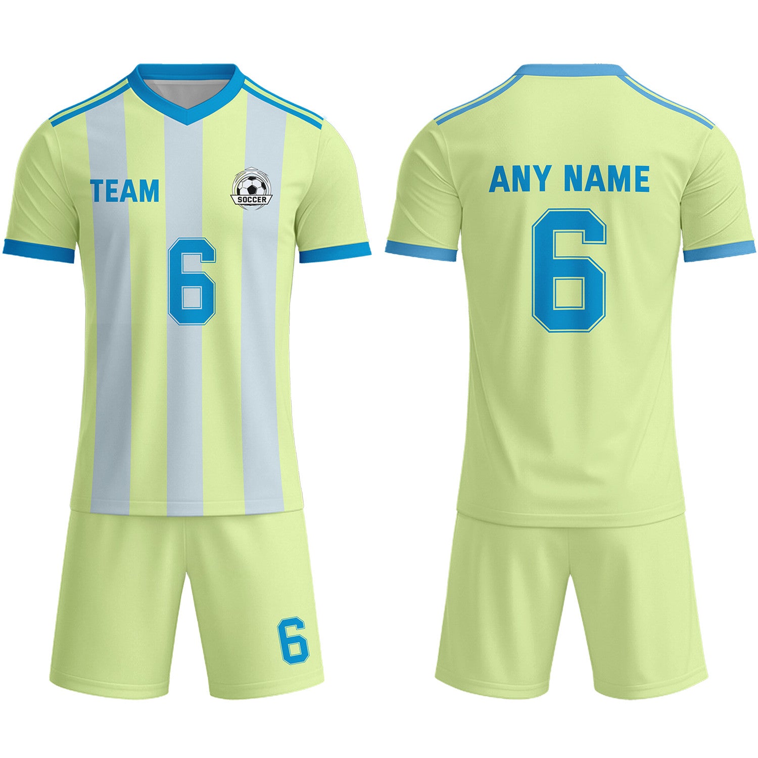 Custom Pale Lime & Blue-Grey Striped Soccer Uniform Set for Teams & Individuals | Vosoli