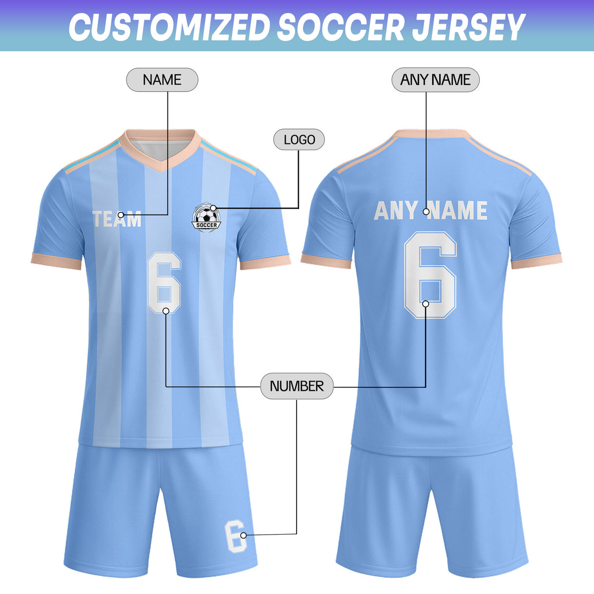 Custom Pastel Blue & White-Peach Striped Soccer Uniform Set for Teams & Individuals | Vosoli