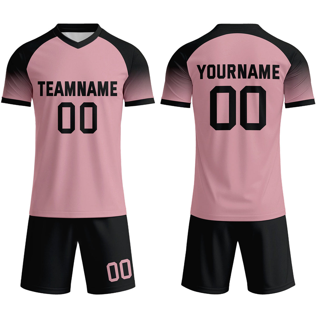 Custom Pastel Pink &amp; Black Raglan Sleeve Soccer Uniform Set for Teams &amp; Individuals | Vosoli
