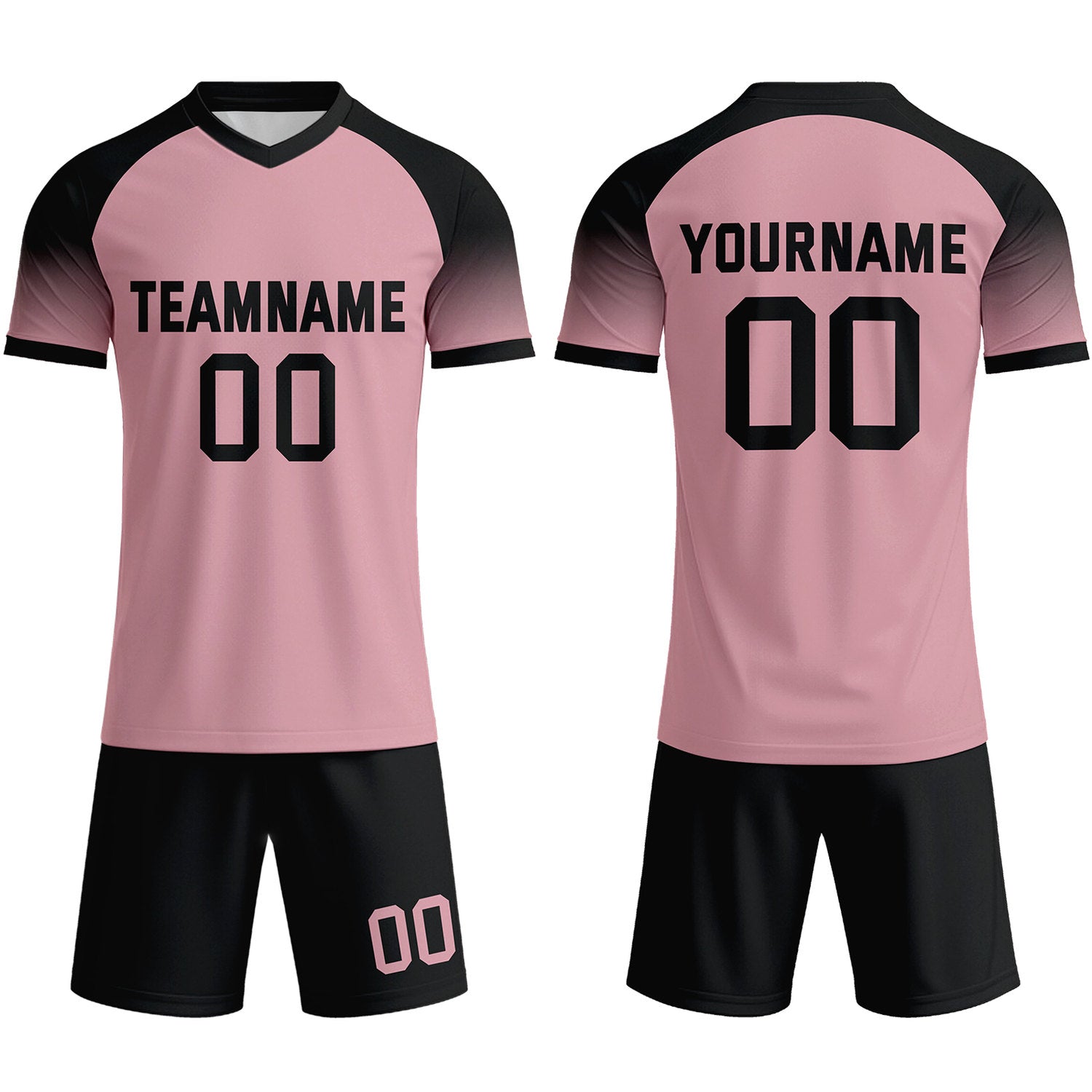 Custom Pastel Pink & Black Raglan Sleeve Soccer Uniform Set for Teams & Individuals | Vosoli