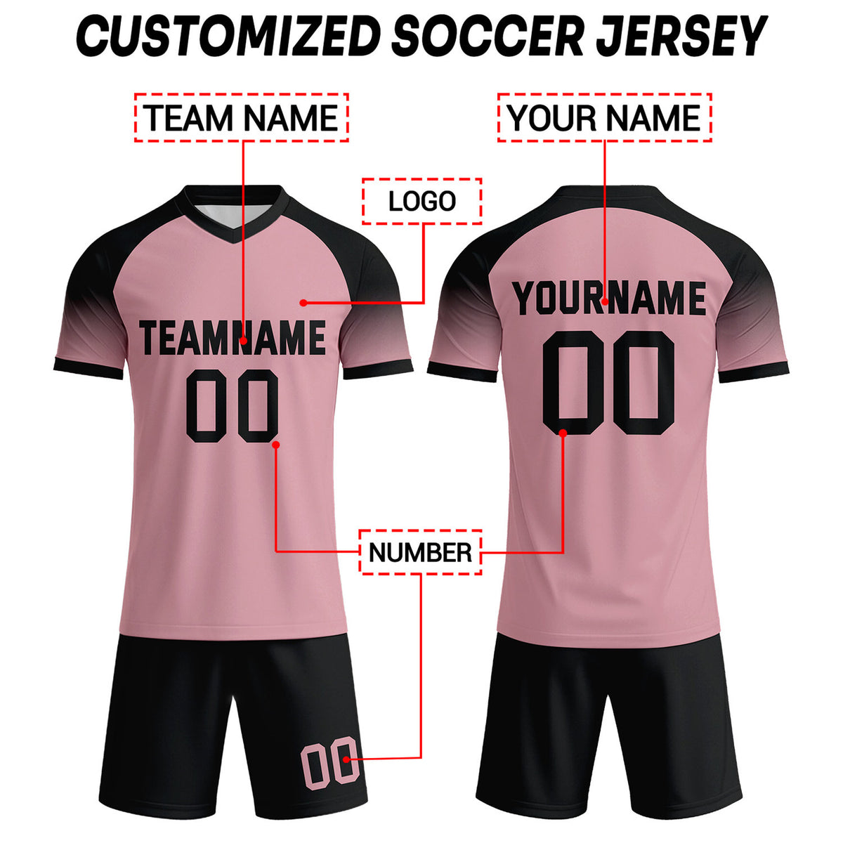Custom Pastel Pink & Black Raglan Sleeve Soccer Uniform Set for Teams & Individuals | Vosoli