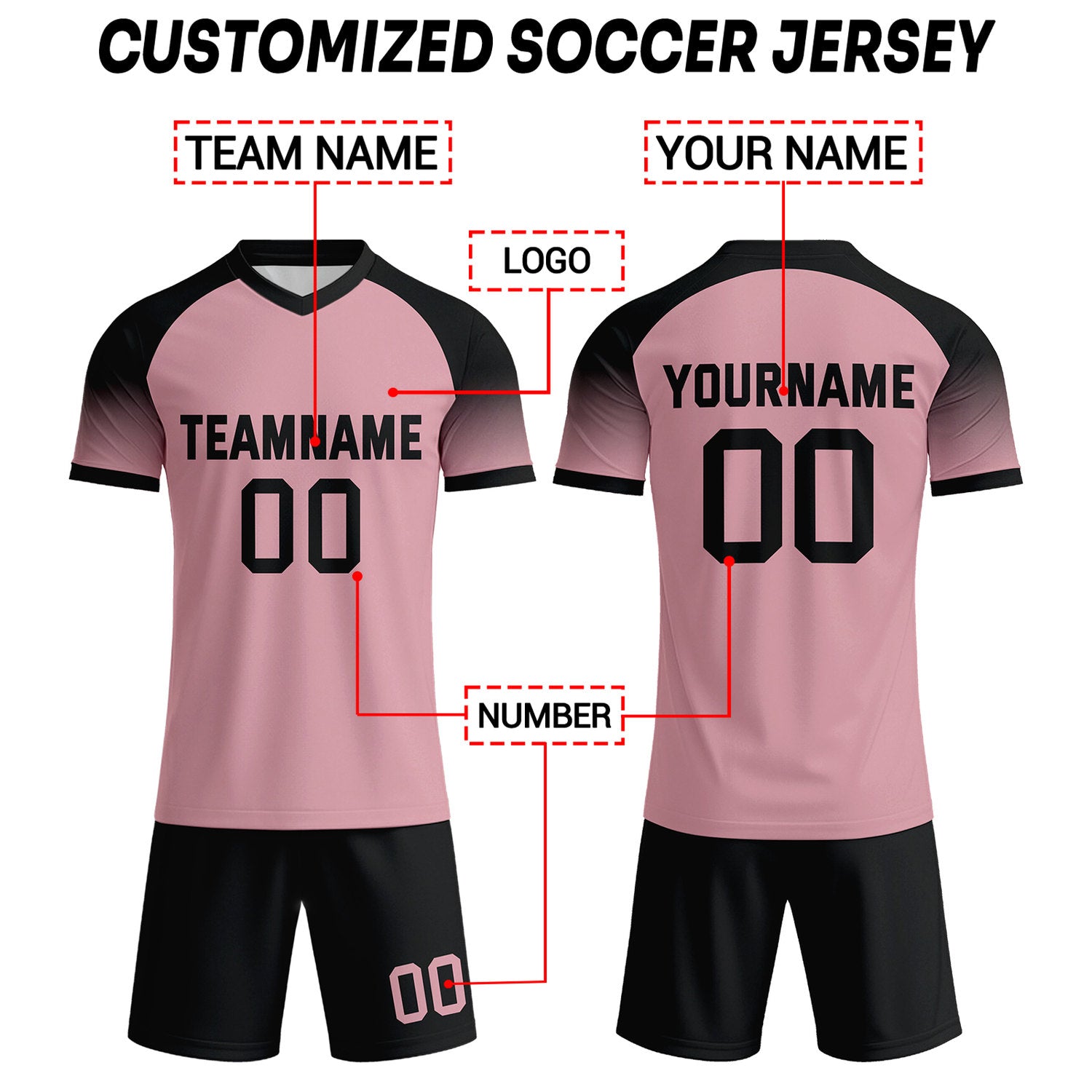 Custom Pastel Pink & Black Raglan Sleeve Soccer Uniform Set for Teams & Individuals | Vosoli