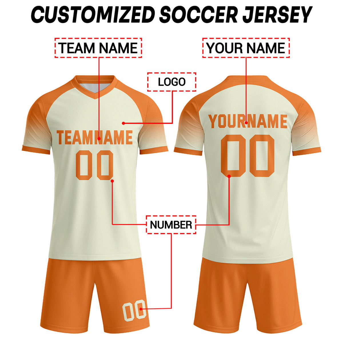 Custom Cream & Orange Raglan Sleeve Soccer Uniform Set for Teams & Individuals | Vosoli