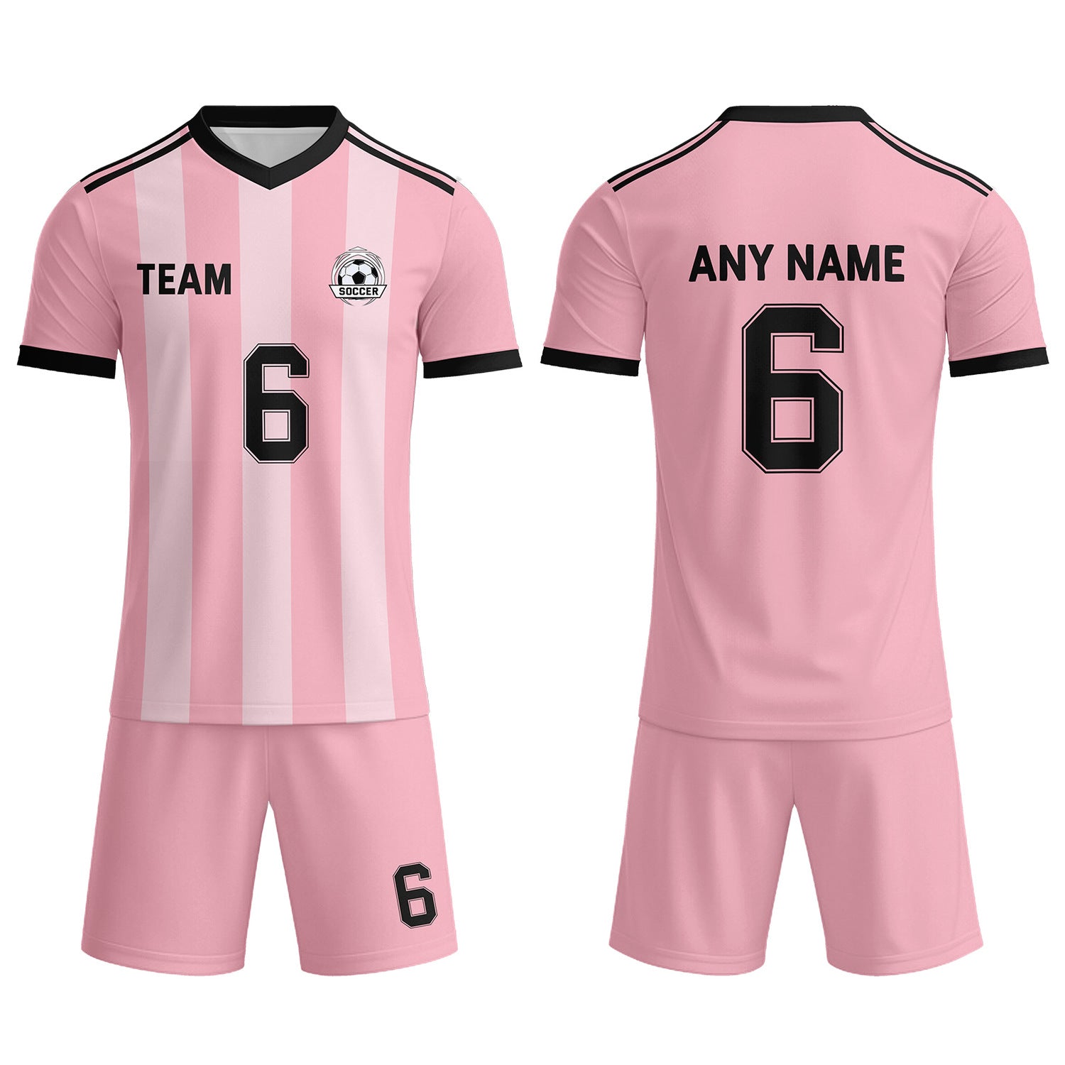 Custom Pastel Pink & Black Striped Soccer Uniform Set for Teams & Individuals | Vosoli