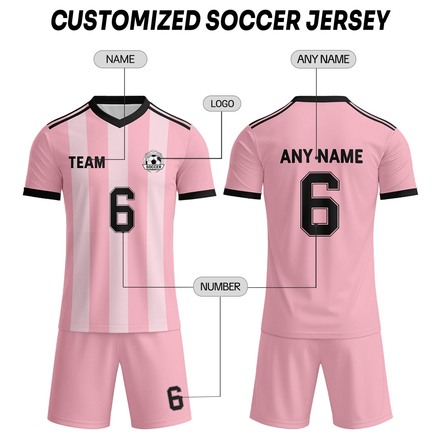 Custom Pastel Pink & Black Striped Soccer Uniform Set for Teams & Individuals | Vosoli