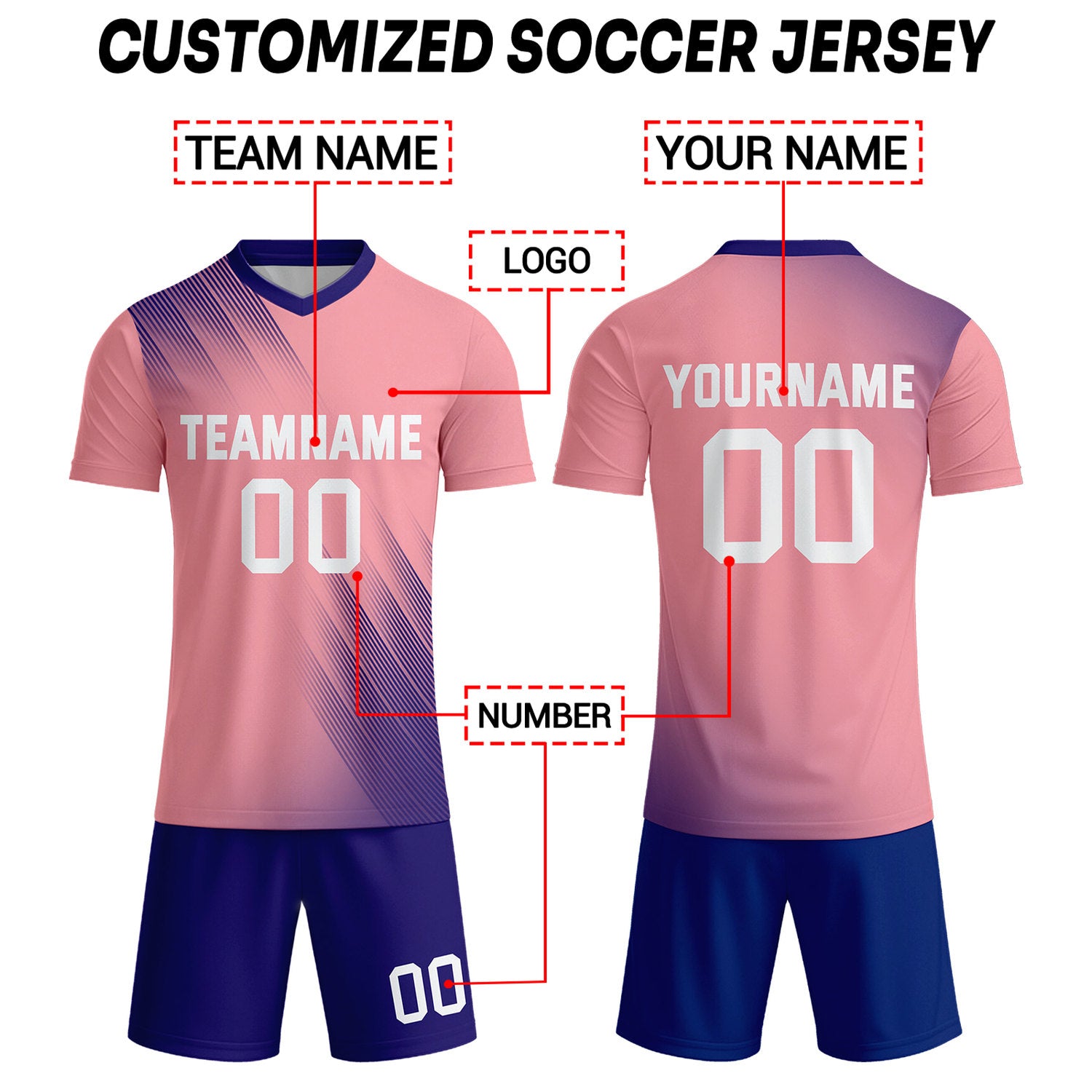 Custom Pastel Pink & Navy Blue Stripe Soccer Uniform Set for Teams & Individuals | Vosoli