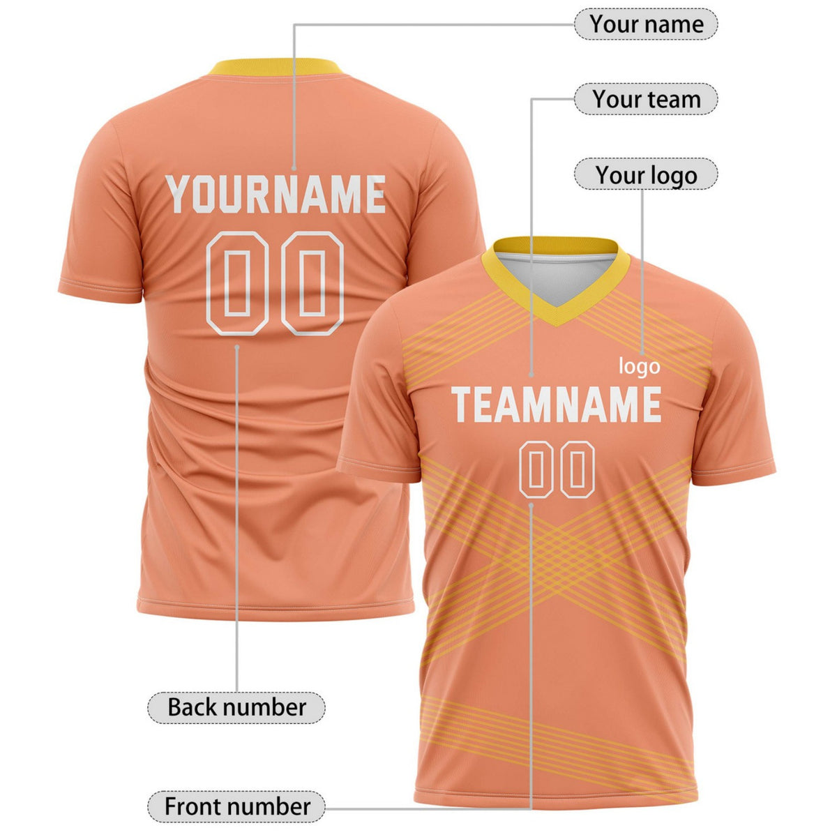 Custom Peach & Gold Cross Stripe Soccer Jersey for Teams & Individuals | Vosoli