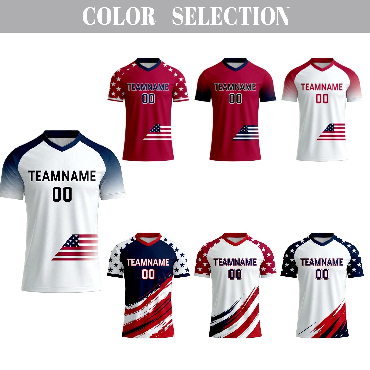 Custom White & Red Star Pattern Soccer Jersey | Personalized Short Sleeve V-Neck Jersey for Youth & Adult