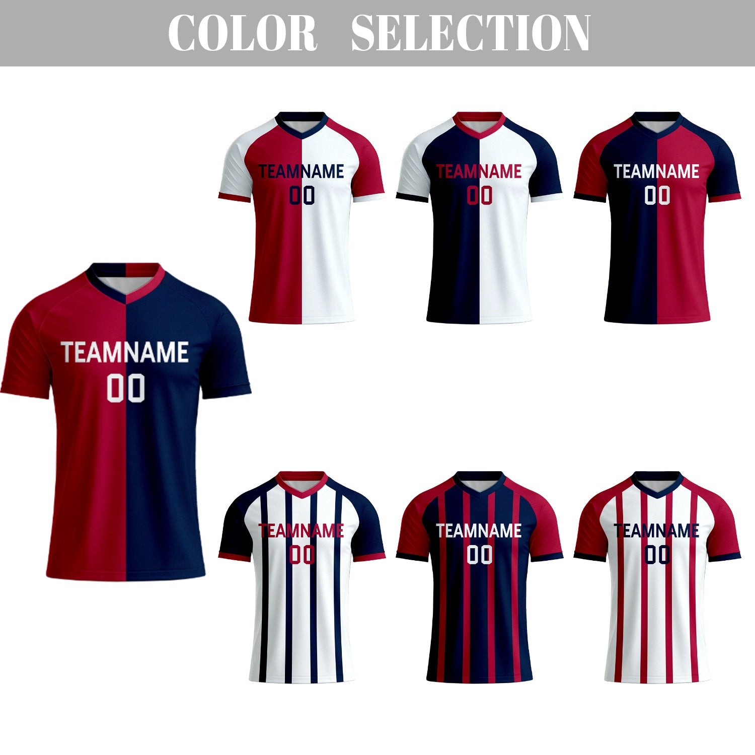 Custom Red & Navy Split Soccer Jersey | Personalized Short Sleeve V-Neck Uniform for Adult Youth