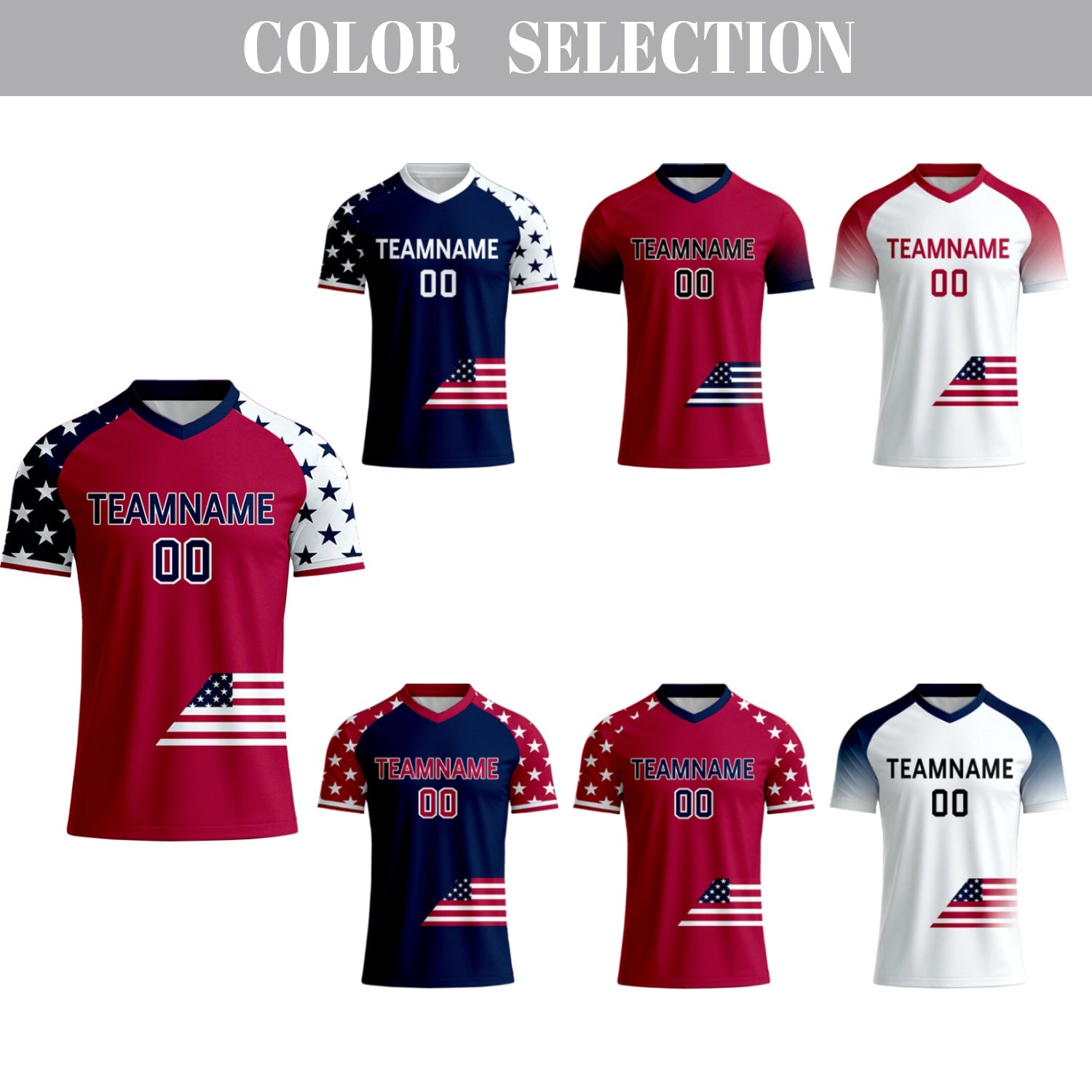 Custom Red & Navy Gradient Soccer Jersey | Personalized Short Sleeve V-Neck Jersey for Youth & Adult