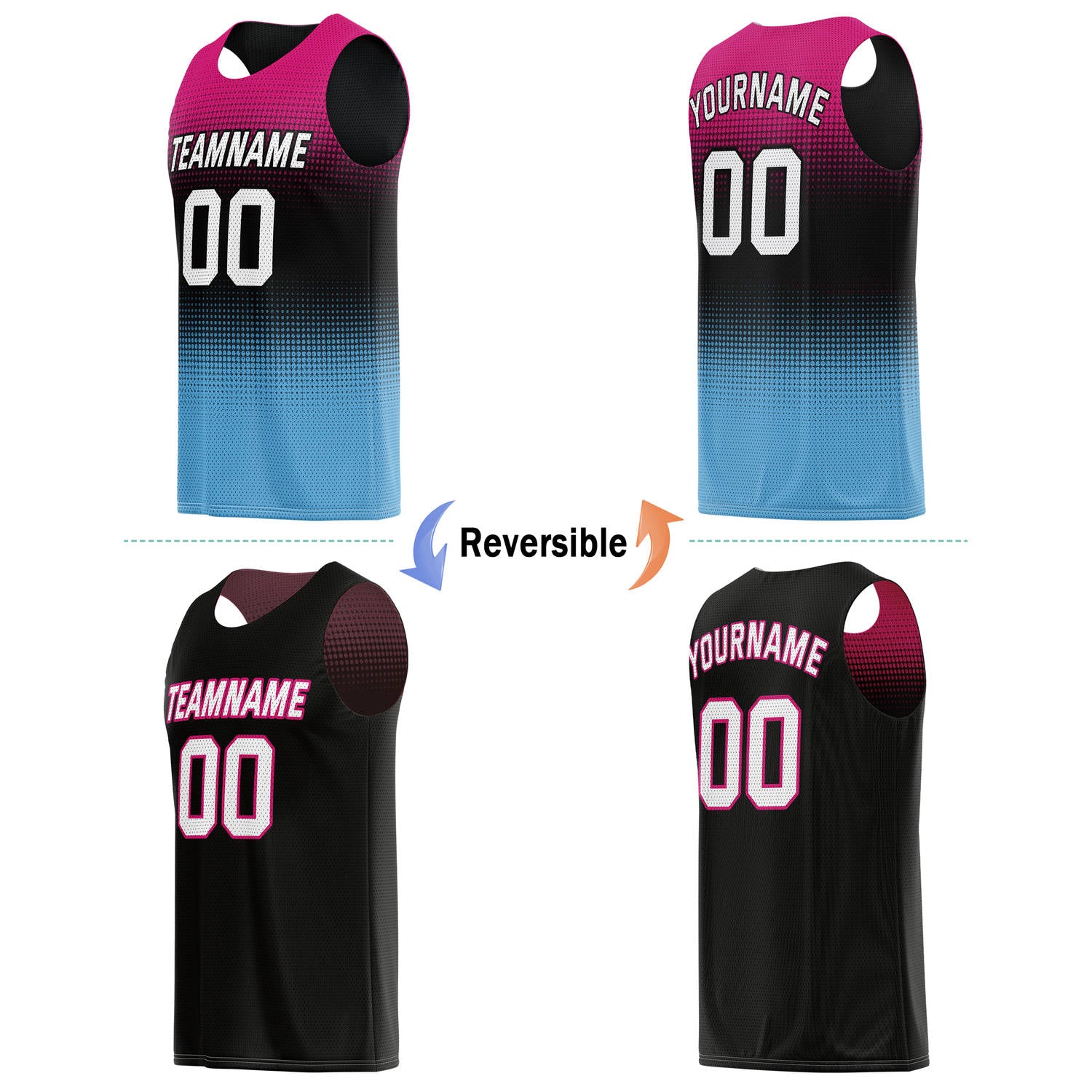 Custom Reversible Basketball Jersey & Shorts Set for Individuals & Teams – Pink Black Light Blue White Dot Gradient | Vosoli
