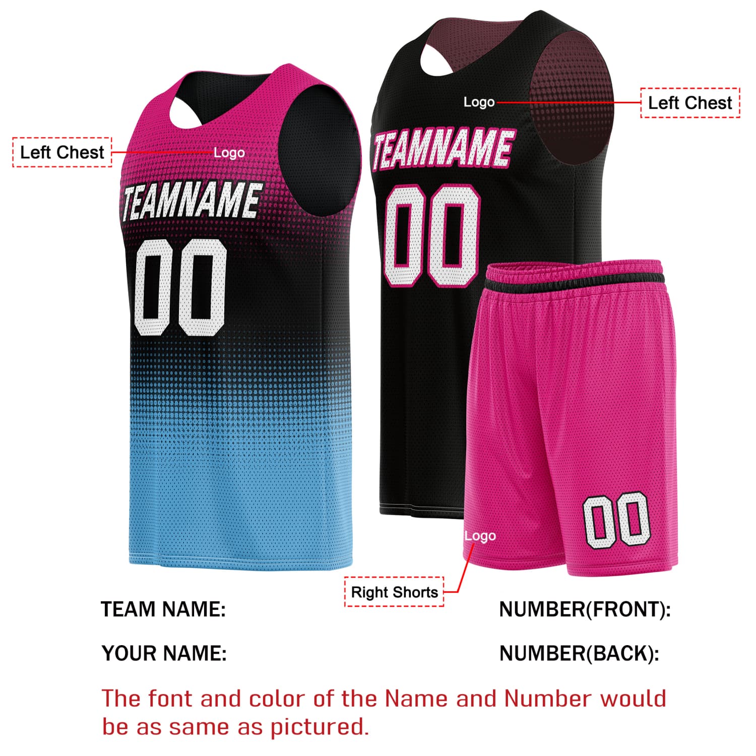 Custom Reversible Basketball Jersey & Shorts Set for Individuals & Teams – Pink Black Light Blue White Dot Gradient | Vosoli