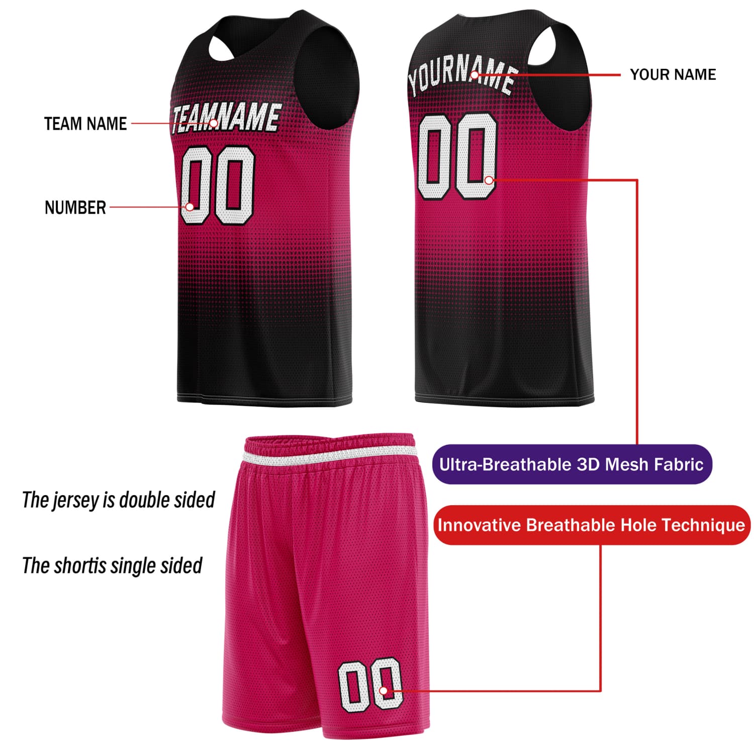 Custom Reversible Basketball Jersey & Shorts Set for Individuals & Teams – Pink Black Gradient Dot | Vosoli