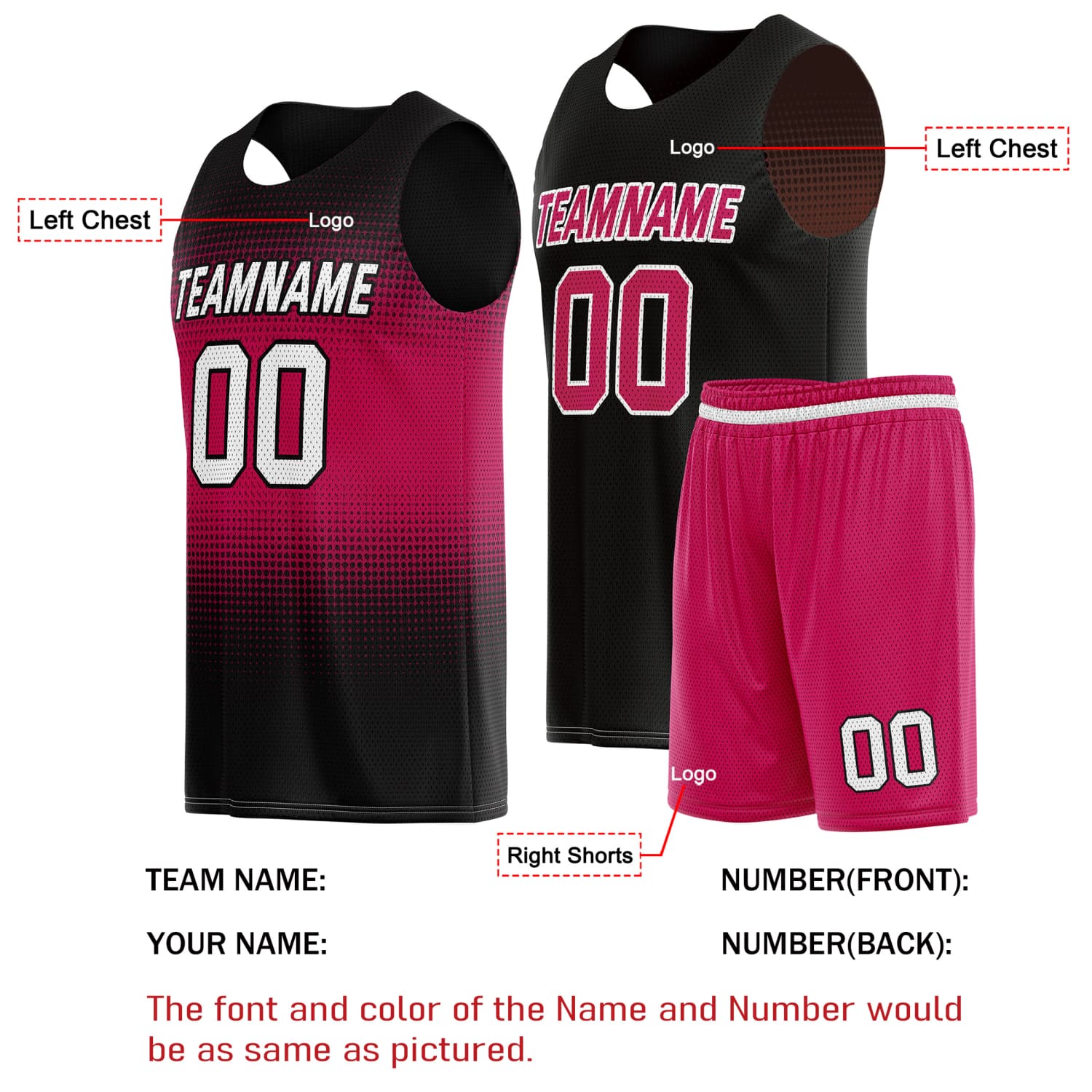 Custom Reversible Basketball Jersey & Shorts Set for Individuals & Teams – Pink Black Gradient Dot | Vosoli