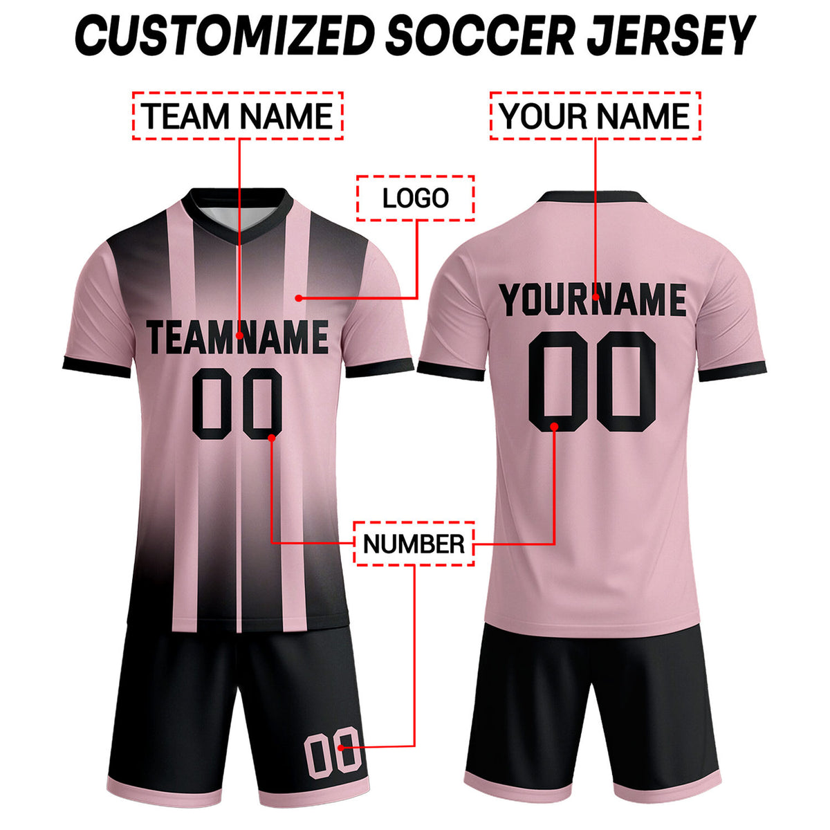 Custom Pink & Black Ombre Stripe Soccer Uniform Set for Teams & Individuals | Vosoli