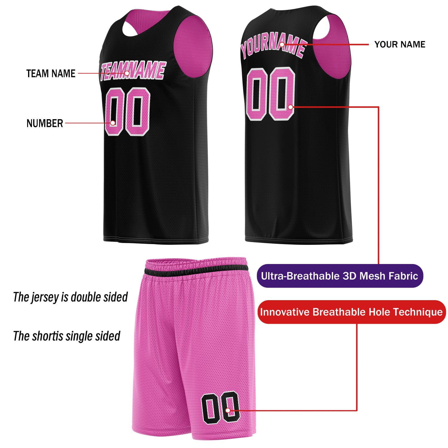 Custom Reversible Basketball Jersey & Shorts Set for Individuals & Teams – Pink Black | Vosoli