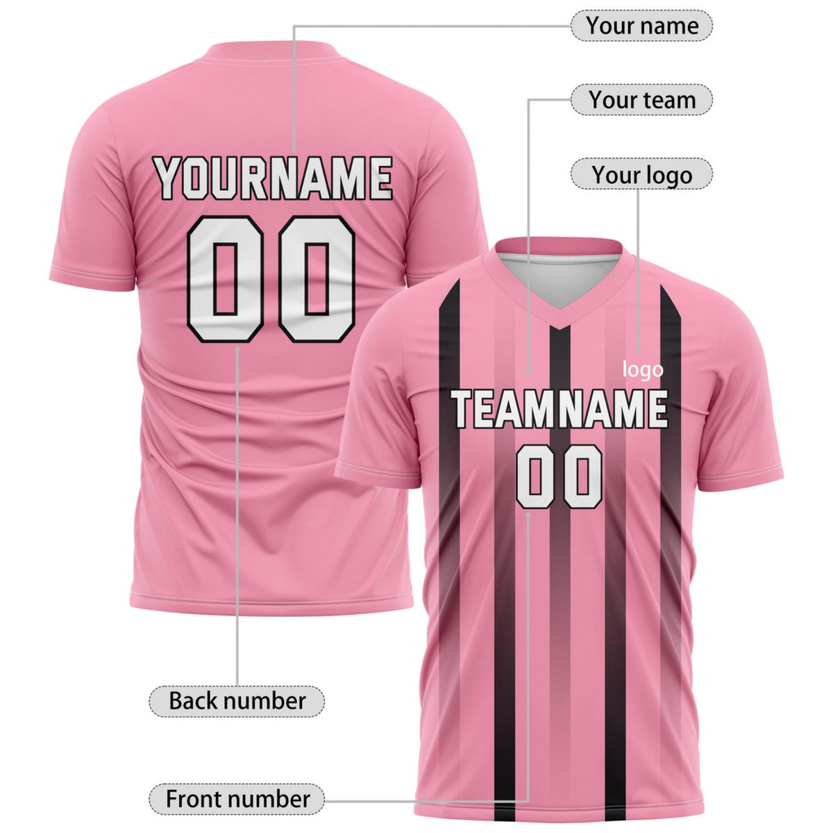 Custom Pink & Black Stripe Soccer Jersey - Personalized Team Name & Player Number for Leagues | Vosoli