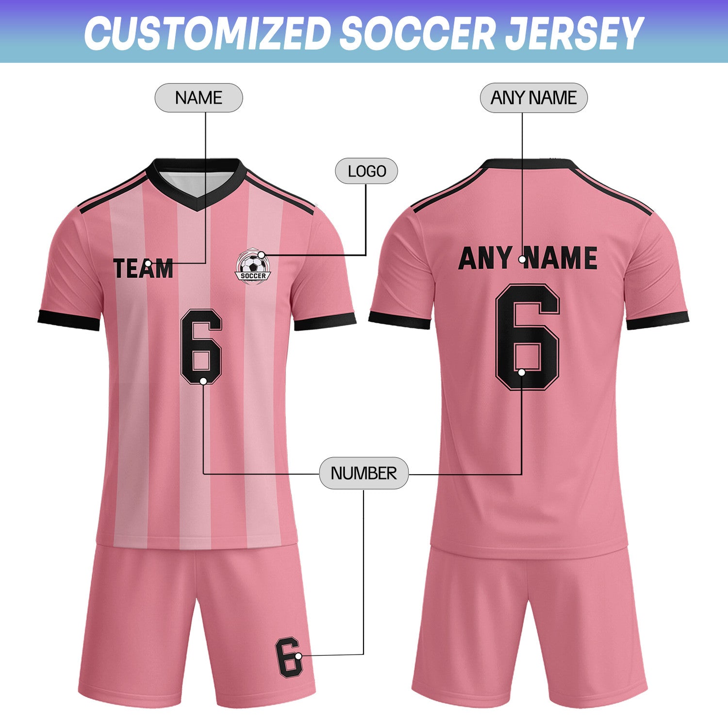 Custom Pink & Black Striped Soccer Uniform Set for Teams & Individuals | Vosoli