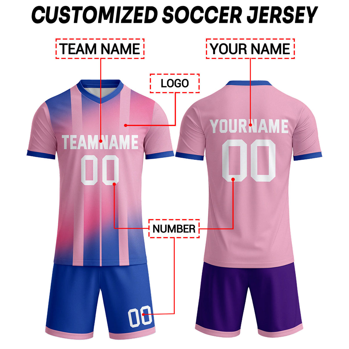 Custom Pink Blue & Purple Ombre Stripe Soccer Uniform Set for Teams & Individuals | Vosoli