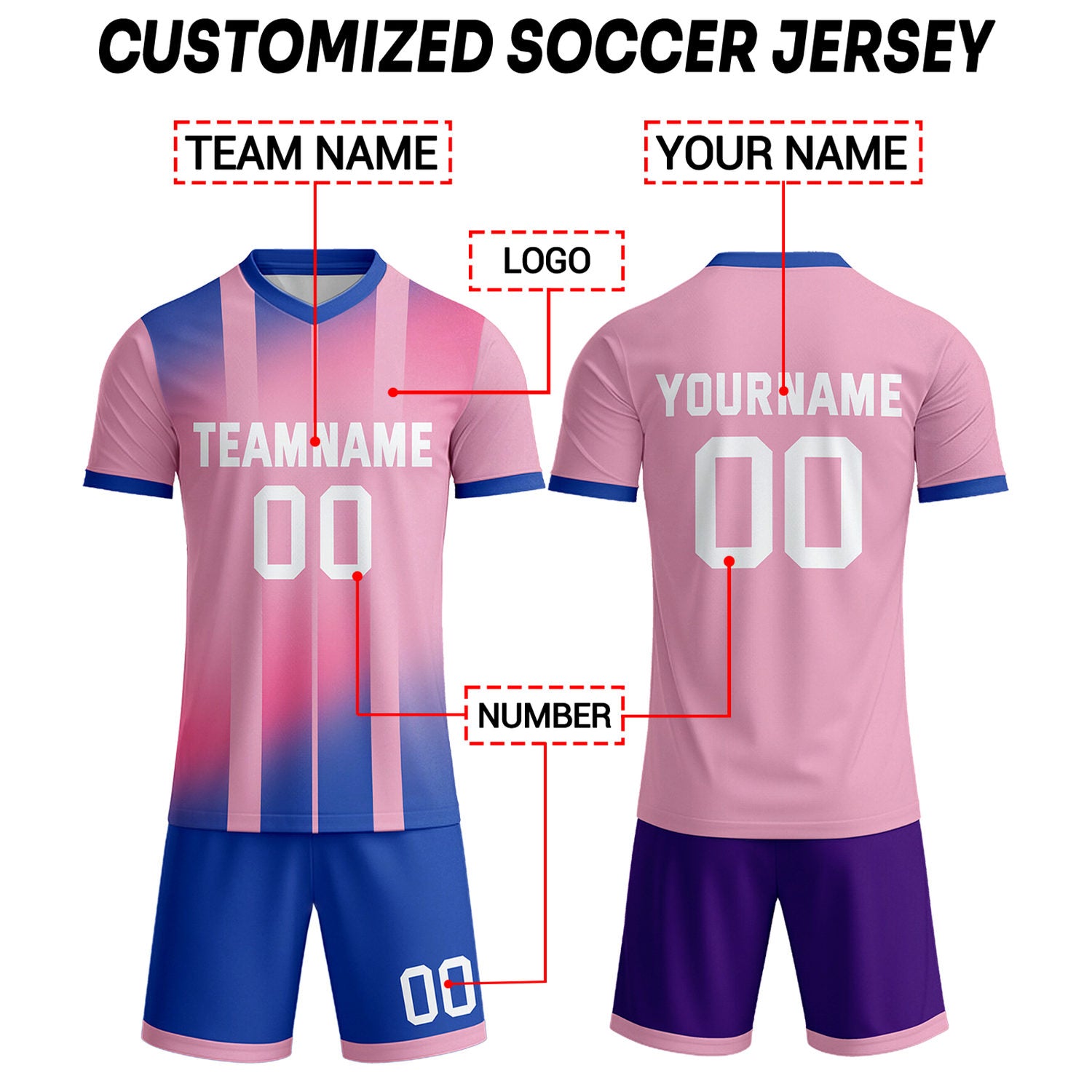 Custom Pink Blue & Purple Ombre Stripe Soccer Uniform Set for Teams & Individuals | Vosoli