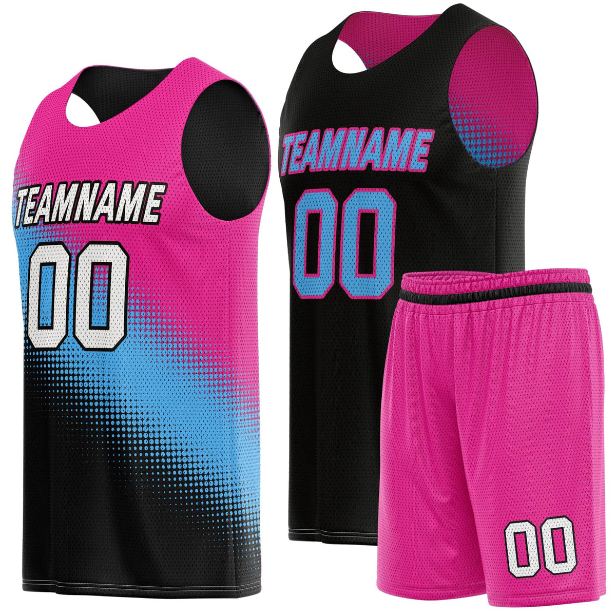 Custom Reversible Basketball Jersey &amp; Shorts Set for Individuals &amp; Teams – Pink Cyan Black Dot Gradient | Vosoli