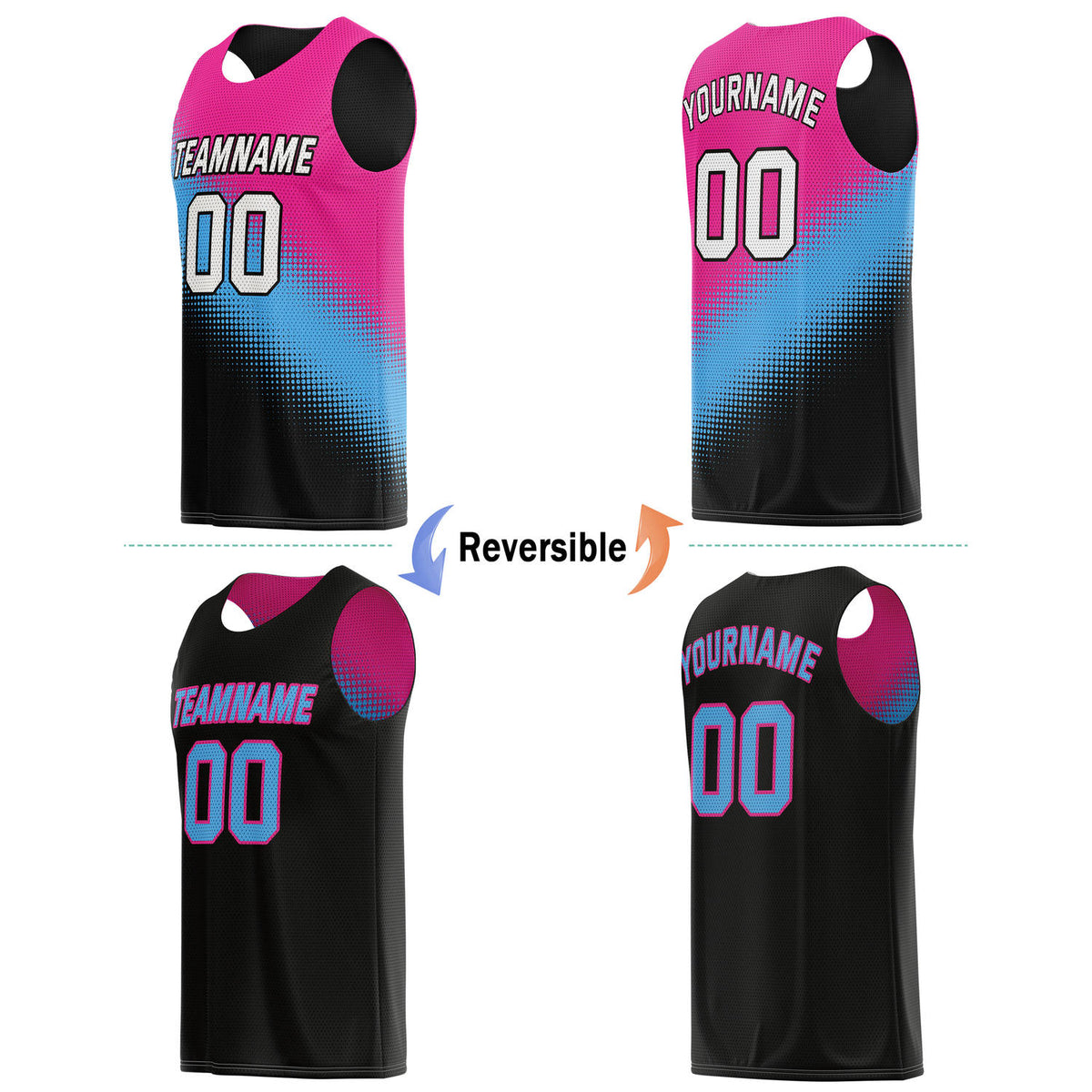 Custom Reversible Basketball Jersey & Shorts Set for Individuals & Teams – Pink Cyan Black Dot Gradient | Vosoli