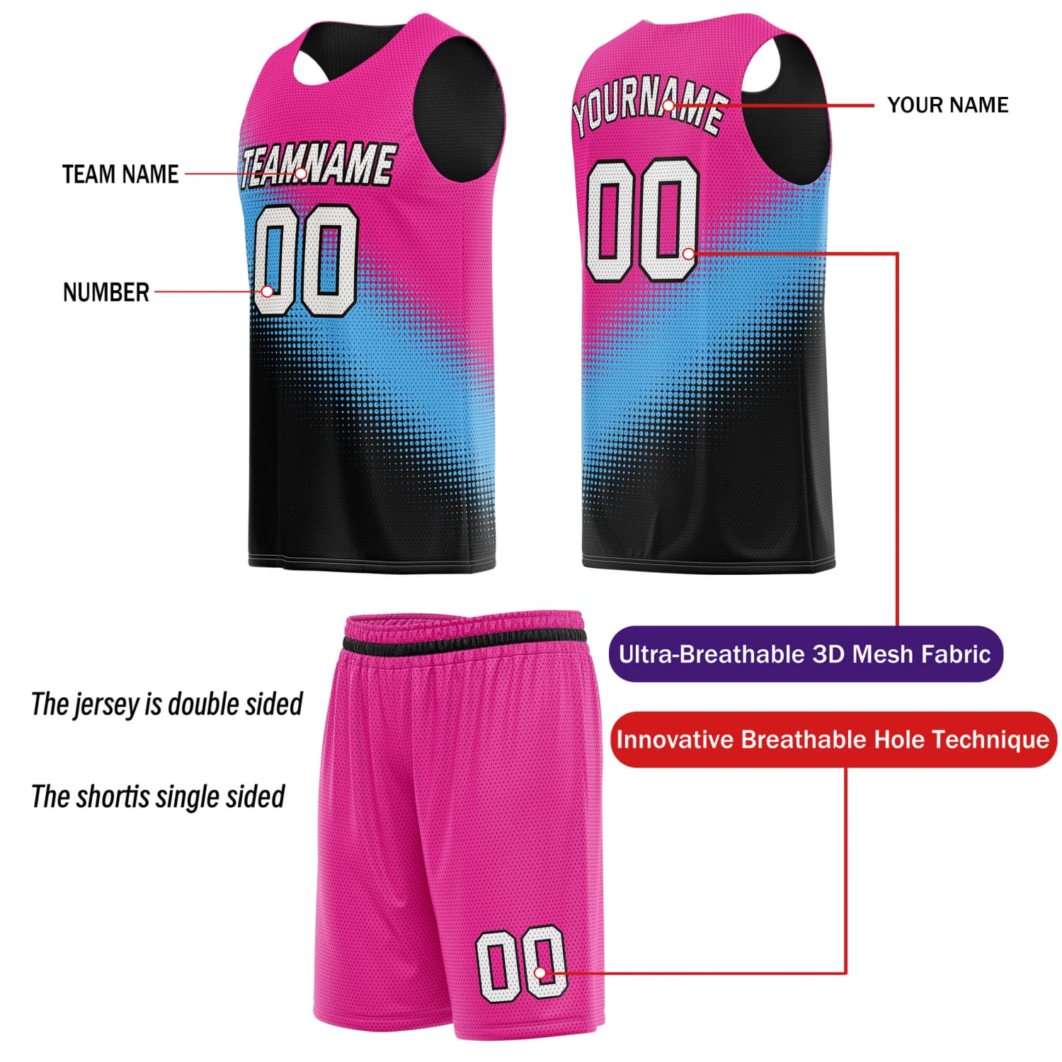 Custom Reversible Basketball Jersey & Shorts Set for Individuals & Teams – Pink Cyan Black Dot Gradient | Vosoli