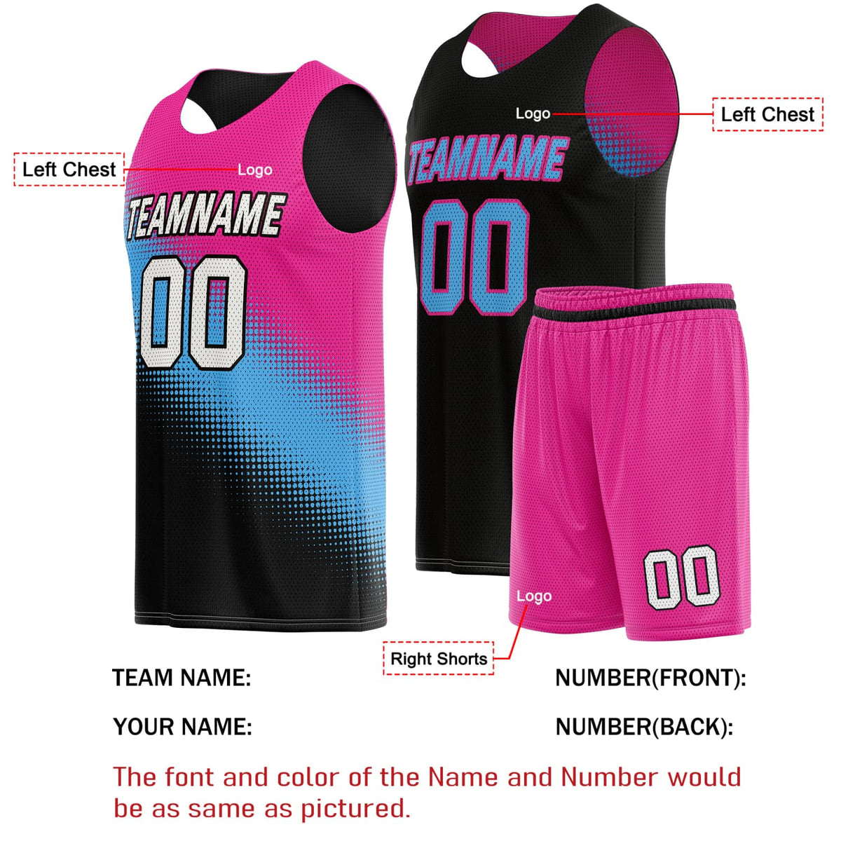 Custom Reversible Basketball Jersey & Shorts Set for Individuals & Teams – Pink Cyan Black Dot Gradient | Vosoli