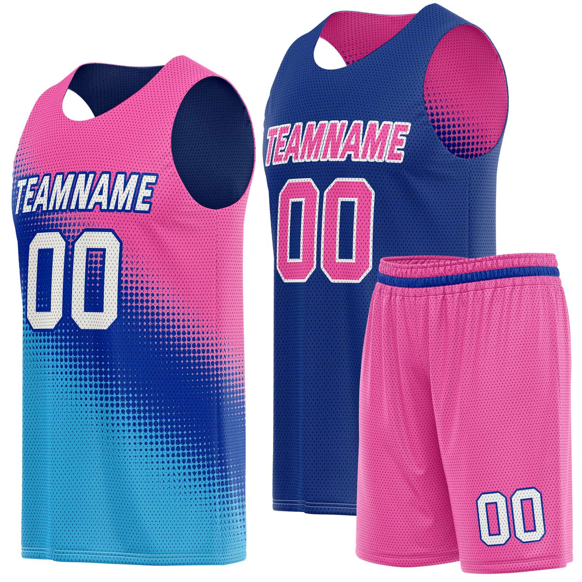 Custom Reversible Basketball Jersey &amp; Shorts Set for Individuals &amp; Teams – Pink Cyan Navy Dot Gradient | Vosoli
