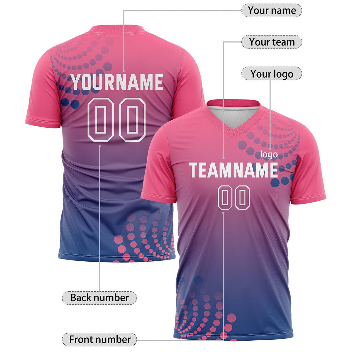 Custom Pink & Navy Dot Pattern Ombre Soccer Jersey for Teams & Individuals | Vosoli