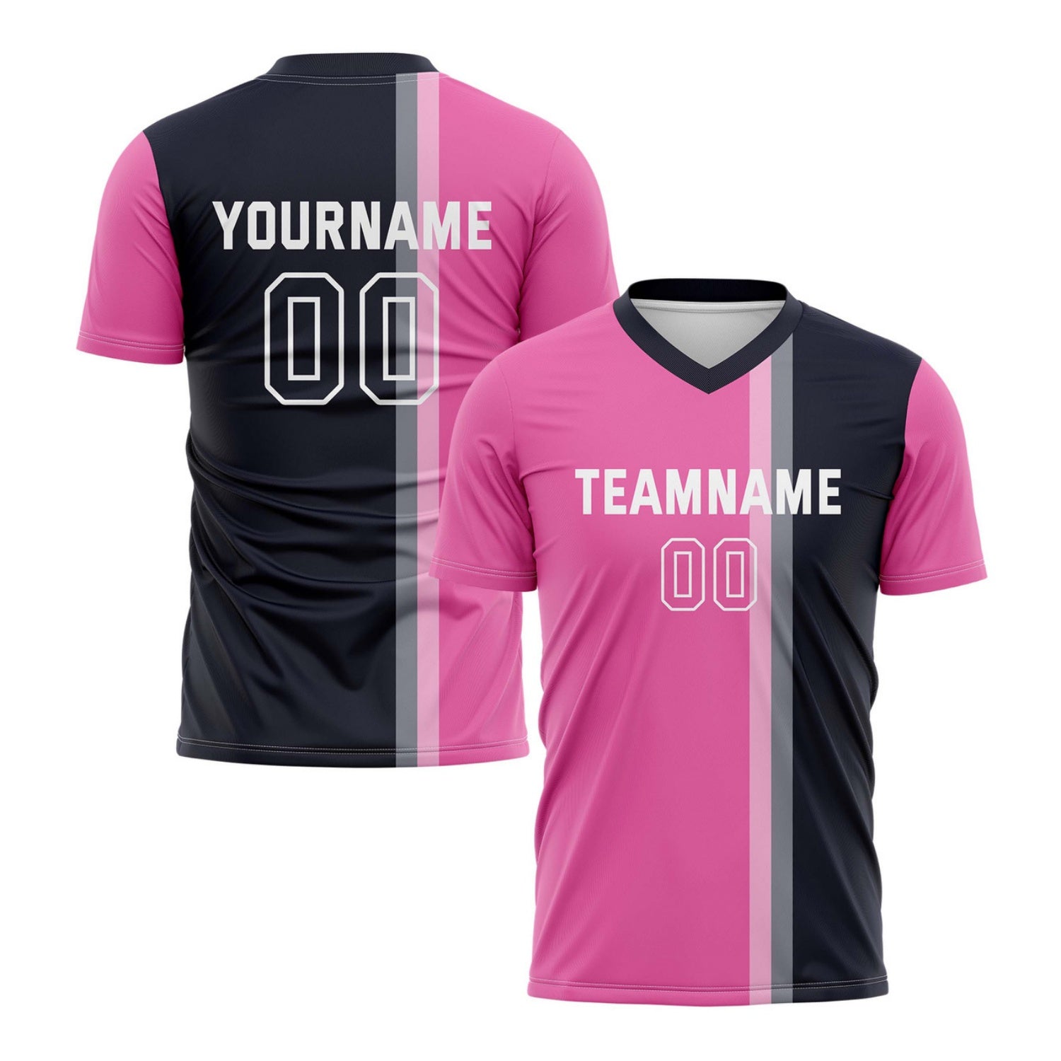 Custom Pink & Navy Split Stripe Soccer Jersey for Teams & Individuals | Vosoli