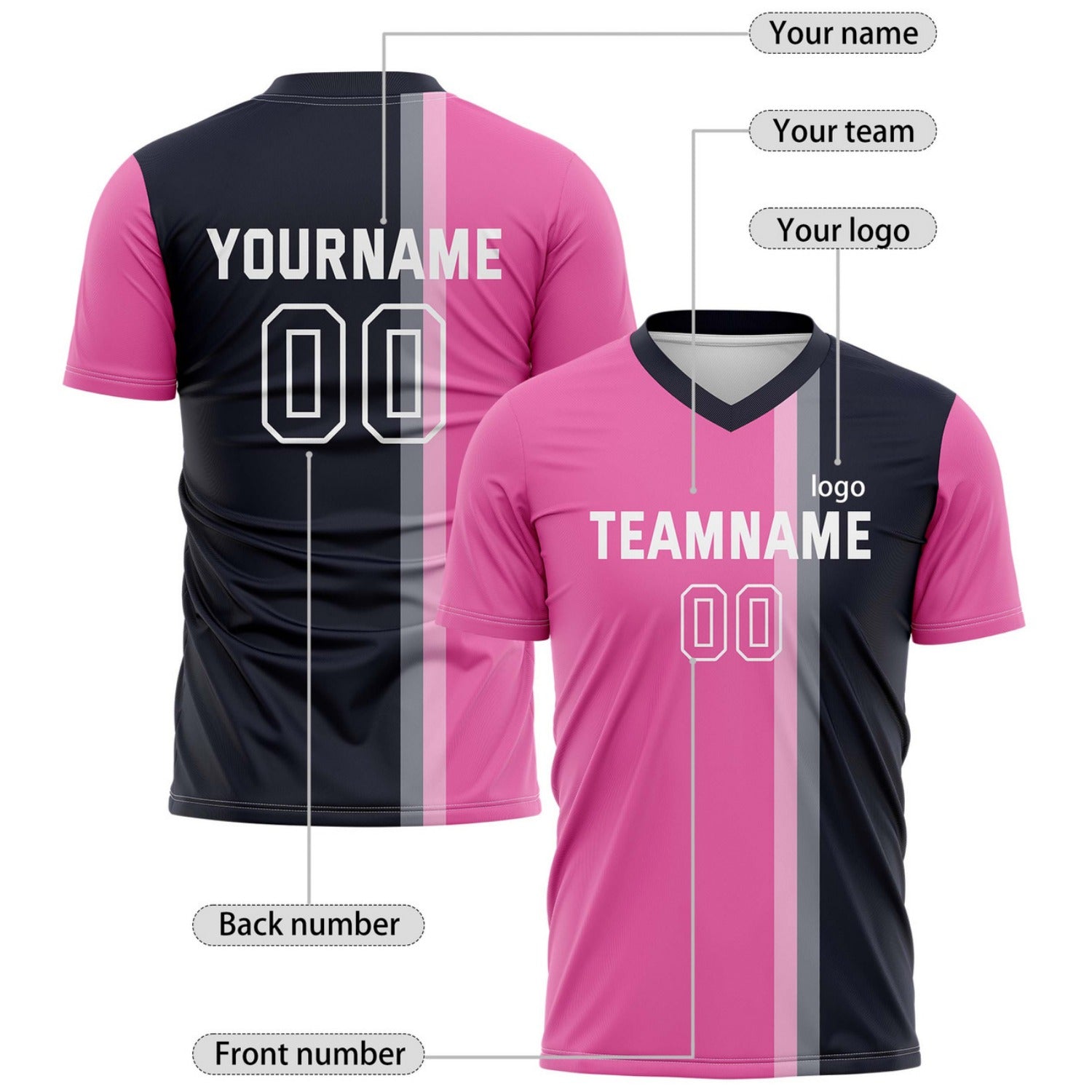 Custom Pink & Navy Split Stripe Soccer Jersey for Teams & Individuals | Vosoli