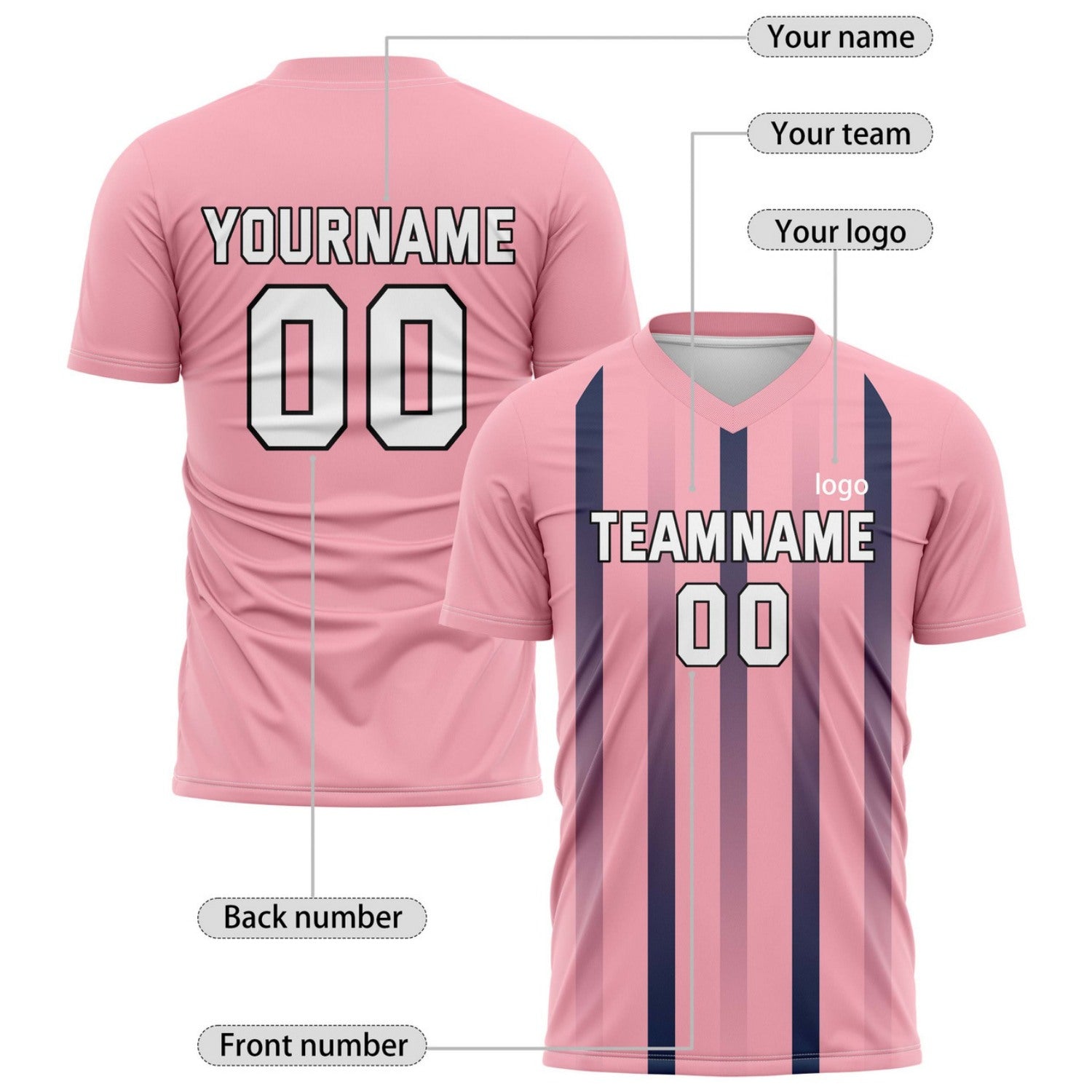 Custom Pink & Navy Stripe Soccer Jersey - Personalized Team Name & Player Number for Leagues | Vosoli