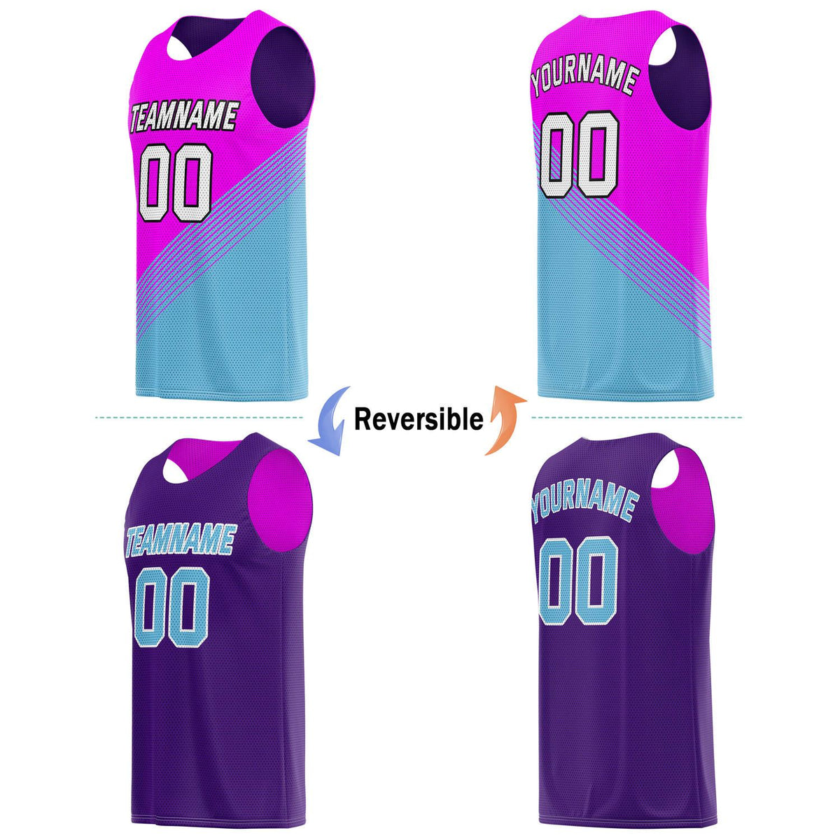 Custom Reversible Basketball Jersey & Shorts Set for Individuals & Teams – Pink Teal Purple Diagonal Stripe | Vosoli