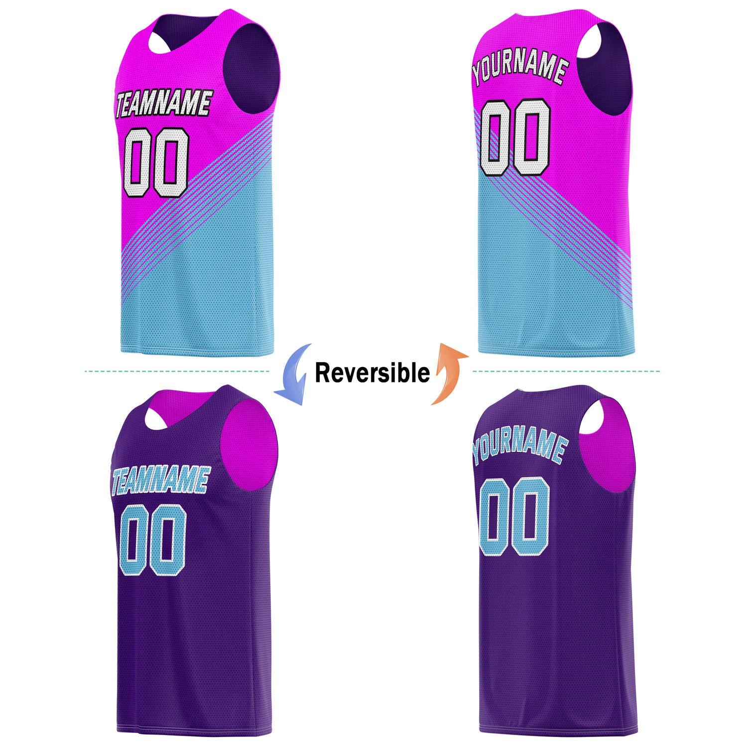Custom Reversible Basketball Jersey & Shorts Set for Individuals & Teams – Pink Teal Purple Diagonal Stripe | Vosoli