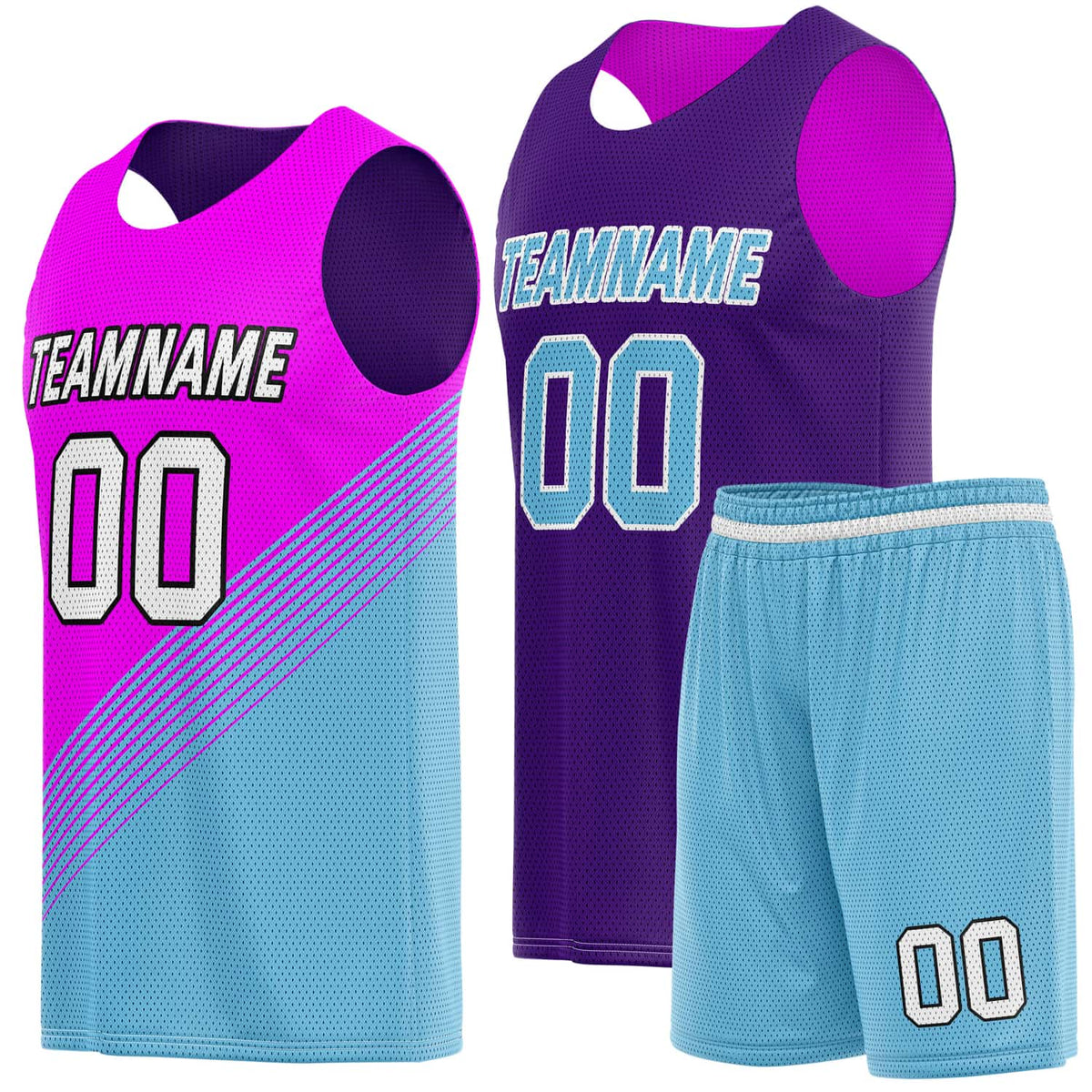 Custom Reversible Basketball Jersey &amp; Shorts Set for Individuals &amp; Teams – Pink Teal Purple Diagonal Stripe | Vosoli
