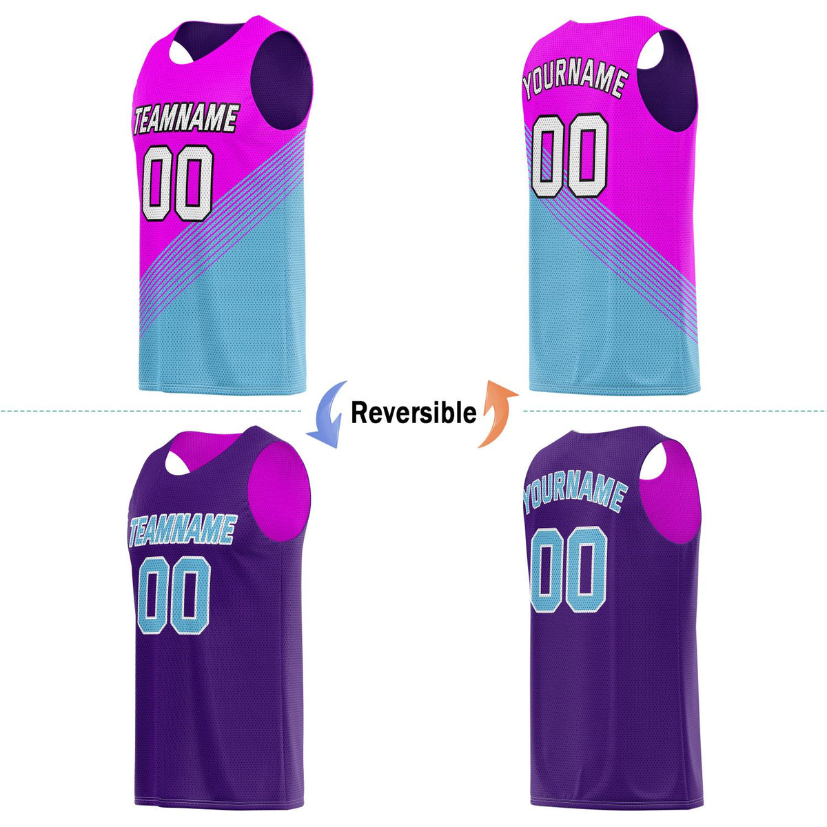 Custom Reversible Basketball Jersey for Individuals & Teams – Pink Teal Purple Diagonal Stripe | Vosoli