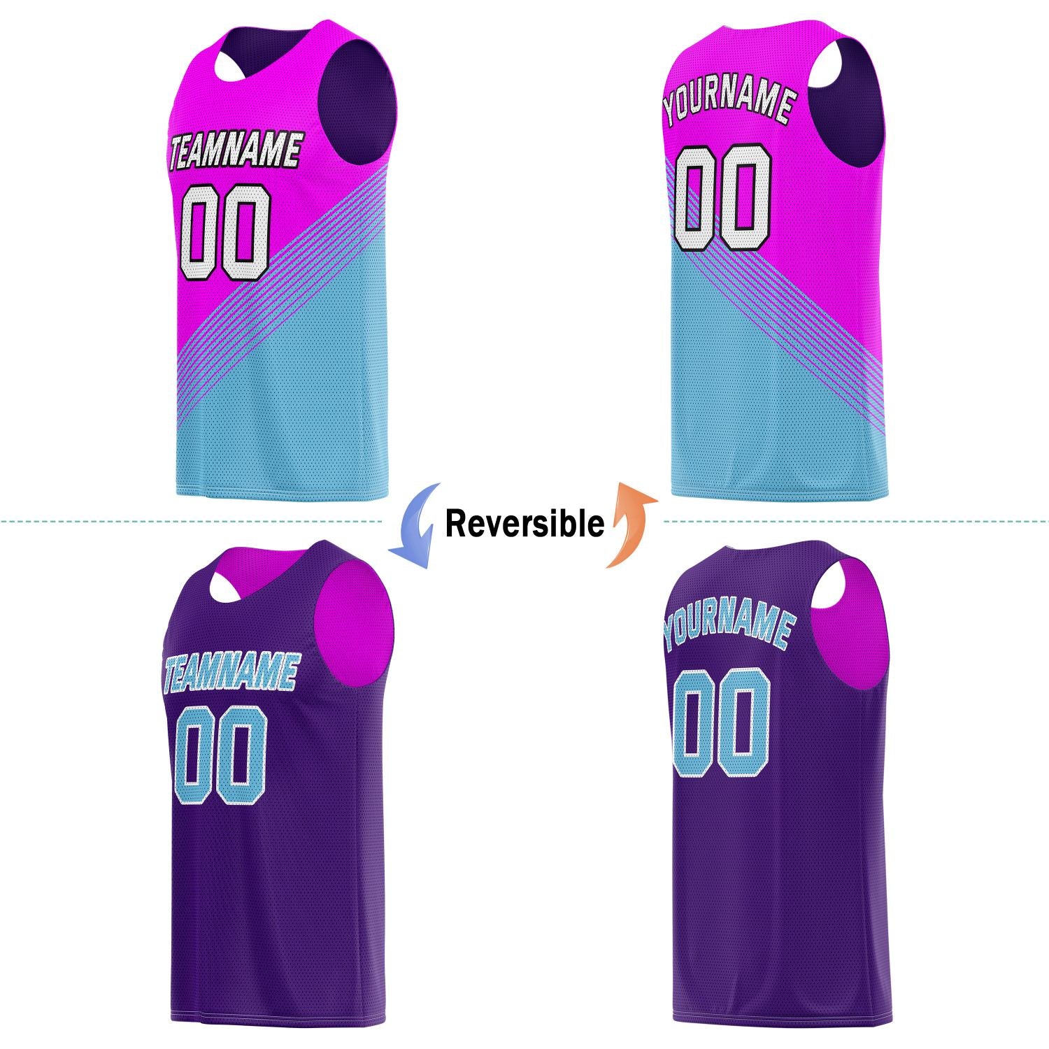 Custom Reversible Basketball Jersey for Individuals & Teams – Pink Teal Purple Diagonal Stripe | Vosoli