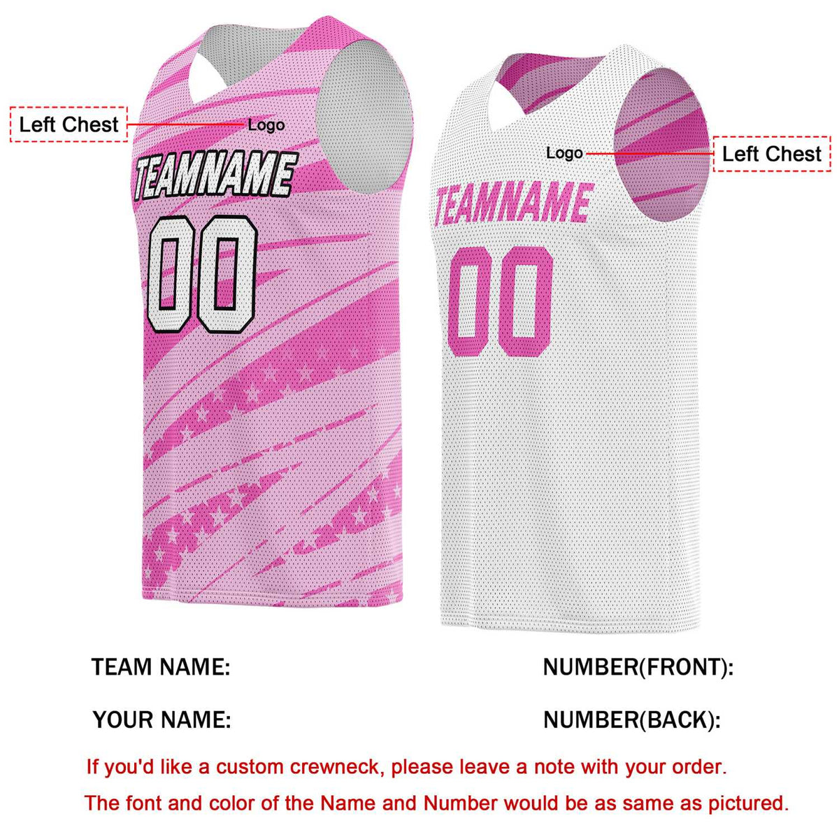 Custom Reversible Basketball Jersey for Individuals & Teams – Pink White Star Stripe | Vosoli