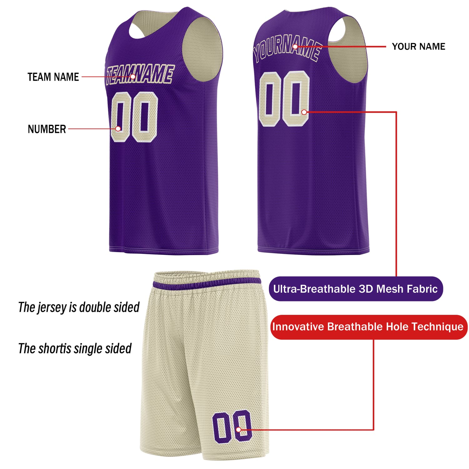 Custom Reversible Basketball Jersey & Shorts Set for Individuals & Teams – Purple Beige White | Vosoli