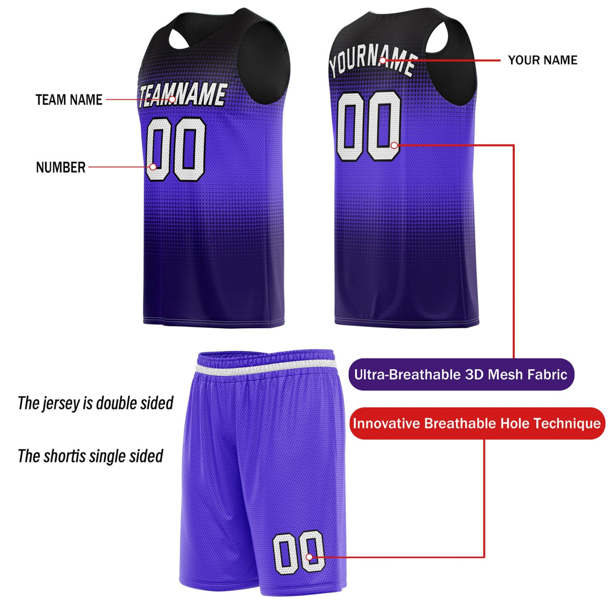 Custom Reversible Basketball Jersey & Shorts Set for Individuals & Teams – Purple Black Gradient Dot | Vosoli
