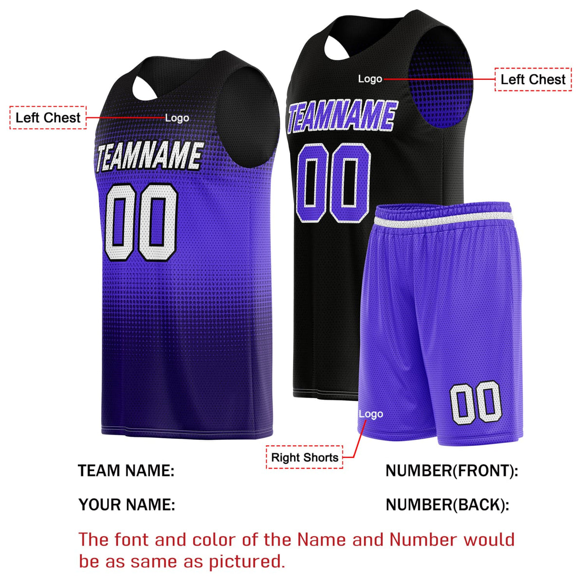 Custom Reversible Basketball Jersey & Shorts Set for Individuals & Teams – Purple Black Gradient Dot | Vosoli