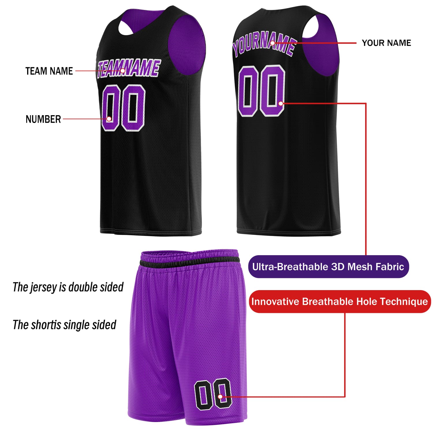 Custom Reversible Basketball Jersey & Shorts Set for Individuals & Teams – Purple Black | Vosoli