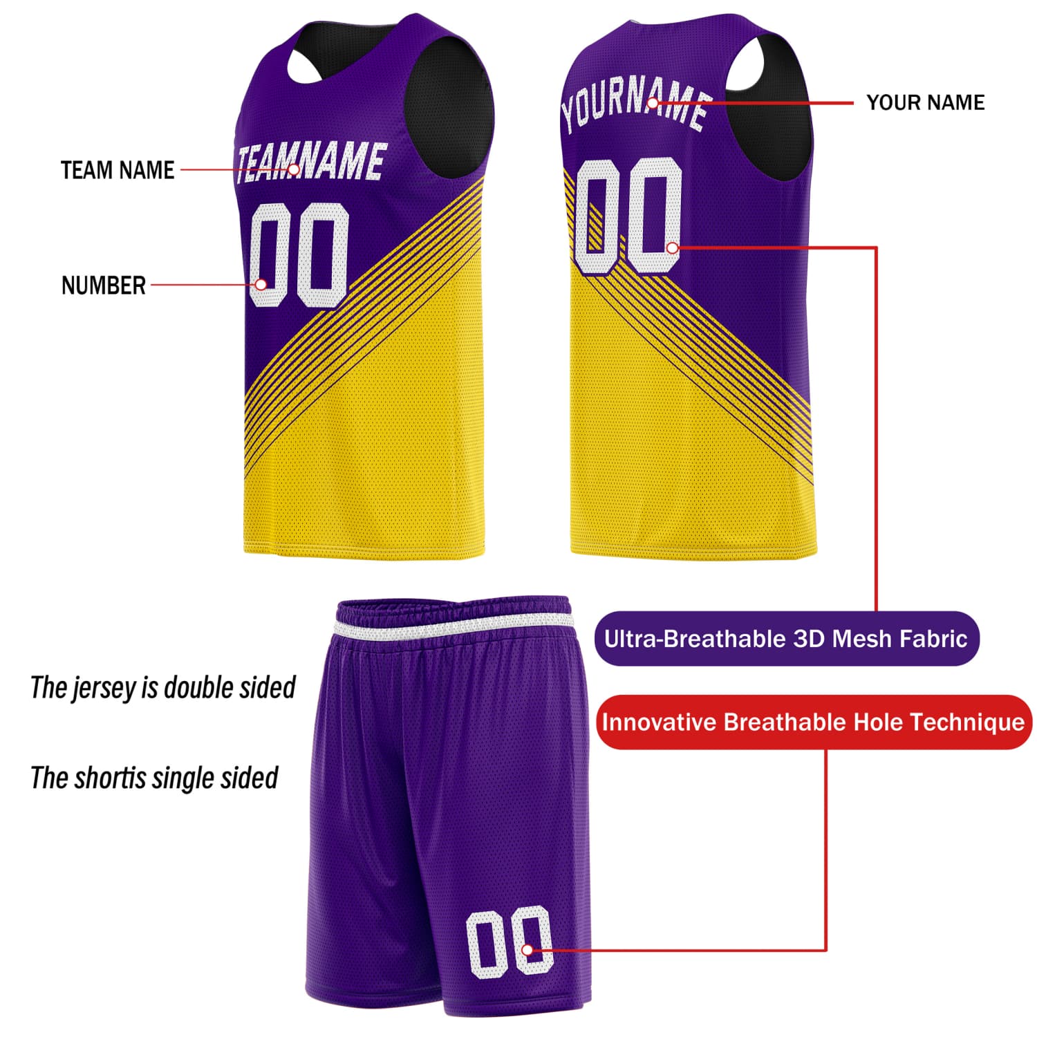 Custom Reversible Basketball Jersey & Shorts Set for Individuals & Teams – Purple Gold Black Diagonal Stripe | Vosoli